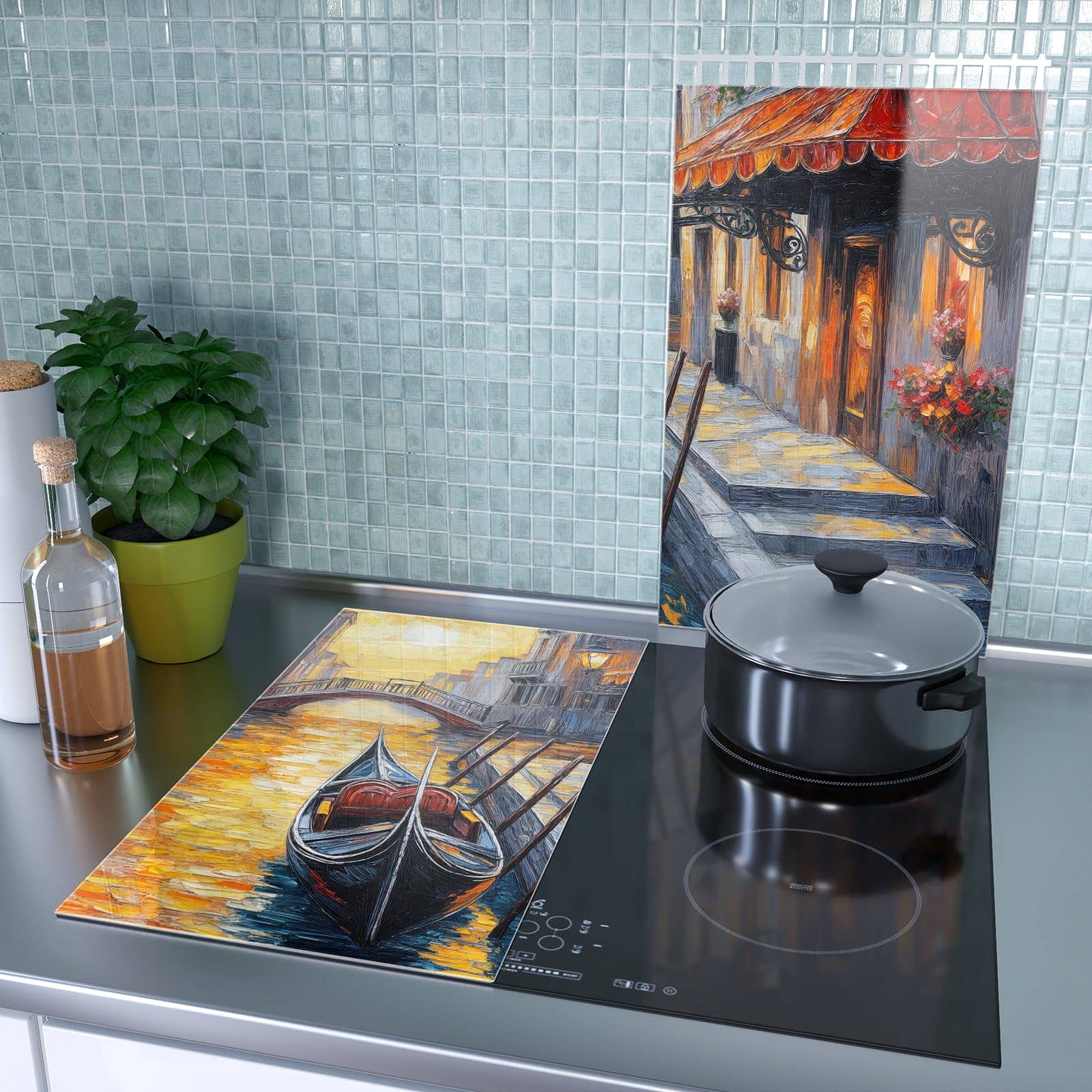 2-teilige Herdabdeckplatten für Ceranfeld mit Romantische Stadtansicht-Motiv als Spritzschutz hinter dem Kochfeld