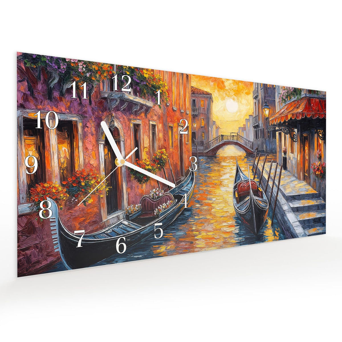 Vormontiert – mit Schwebeeffekt – Wanduhr Romantische Stadtansicht aus Glas – Querformat 60 × 30 cm