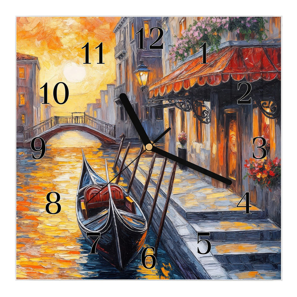 Wanduhr aus Glas, Ziffernblatt Klassisch mit Motiv Gondel in Venedig: Gemalte Szene: schwarze Gondel am Kanal, roter Markisenvorbau