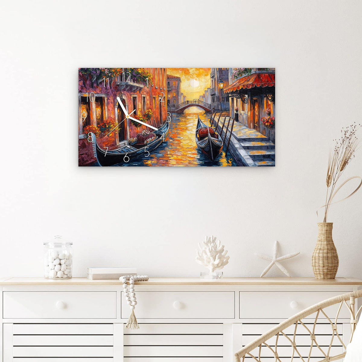 Wanduhr Romantische Stadtansicht aus Glas – Querformat 60 × 30 cm – Venedig im goldenen Abendlicht