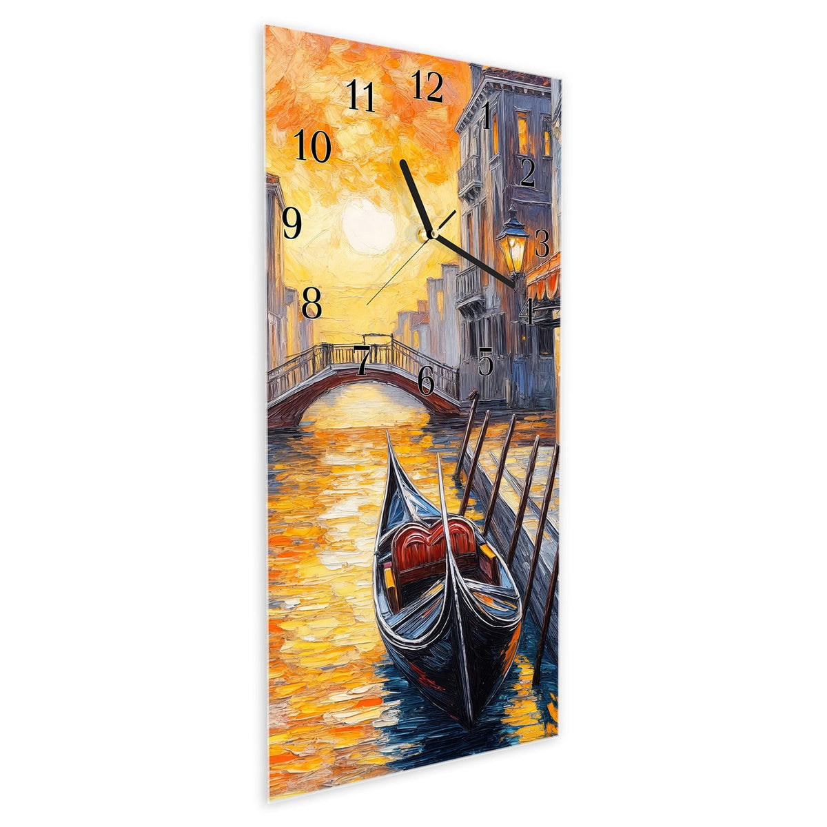Vormontiert – mit Schwebeeffekt – Wanduhr Romantische Stadtansicht aus Glas – Hochformat 30 × 60 cm