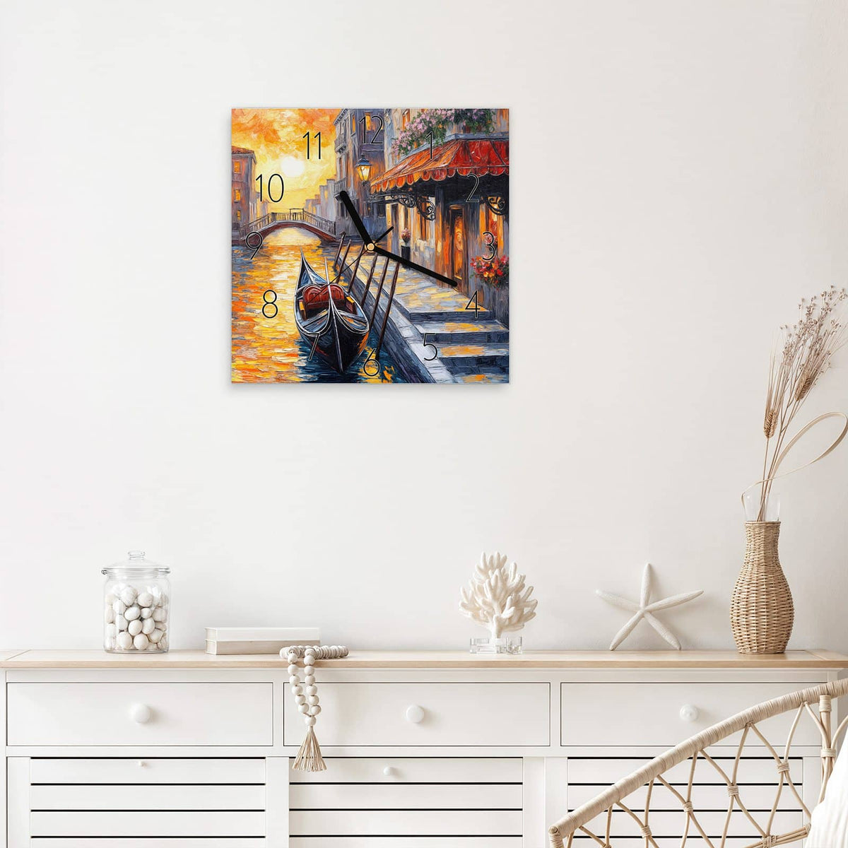 Wanduhr Gondel in Venedig aus Glas – Quadratisch 30 × 30 cm – Venedig im goldenen Abendlicht
