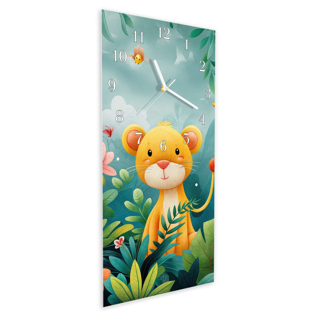 Vormontiert – mit Schwebeeffekt – Wanduhr Dschungeltiere aus Glas – Hochformat 30 × 60 cm