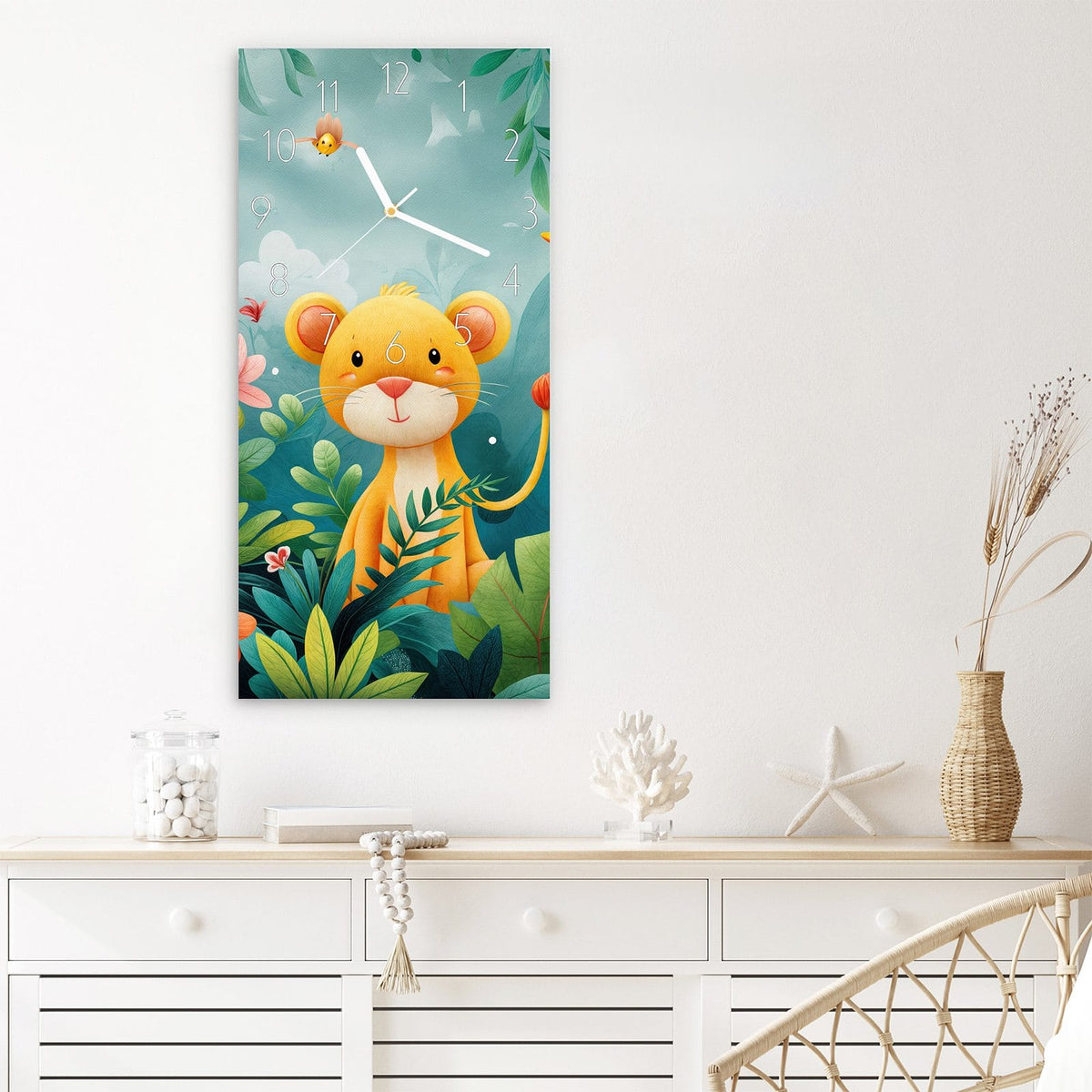 Wanduhr Dschungeltiere aus Glas – Hochformat 30 × 60 cm – Löwe und Papagei im Dschungel
