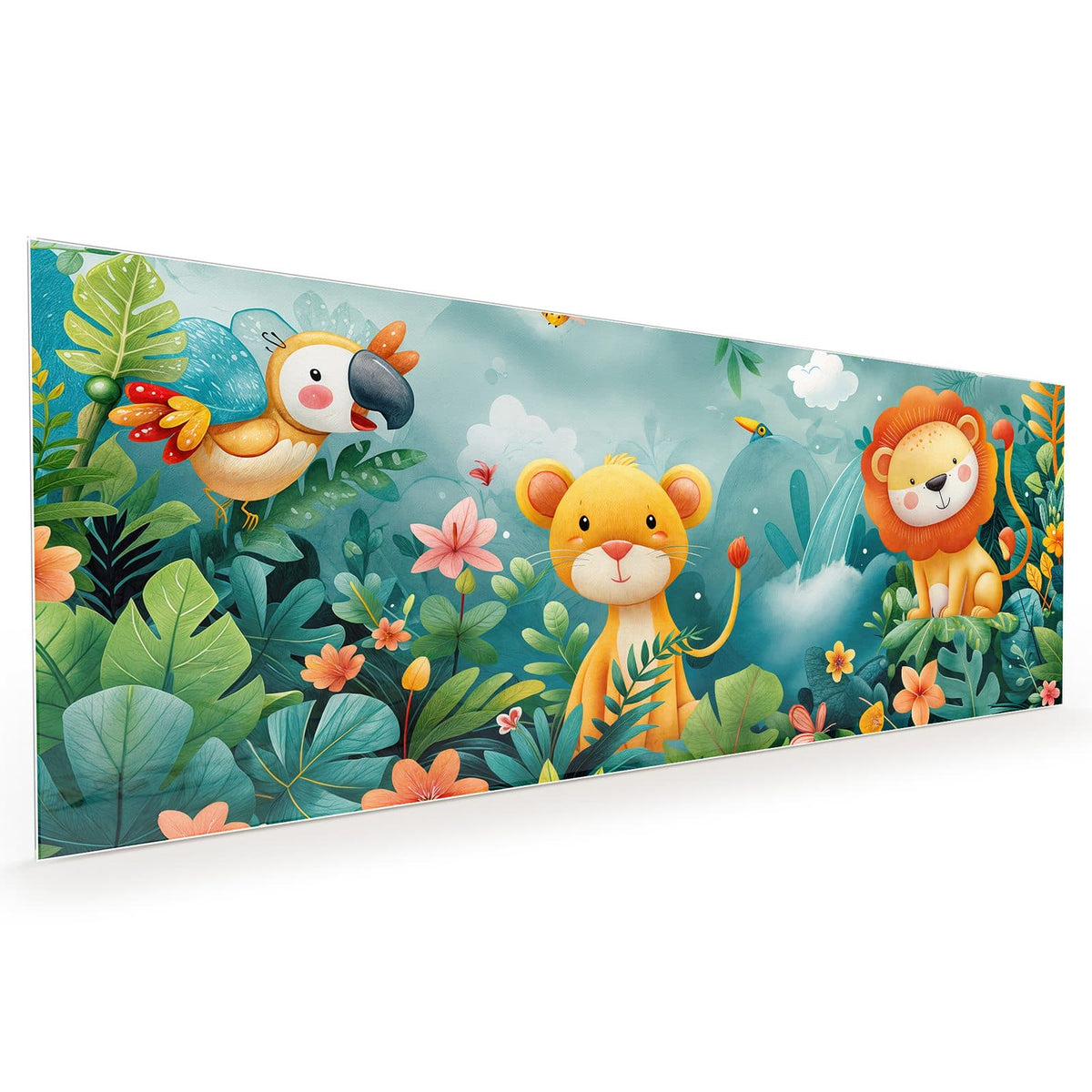 Küchenrückwand aus Glas im Hochformat: Kindliche Illustration: Löwenjunges und Papagei zwischen Blättern und Blüten im Dschungel #grösse_40 x 100 cm #grösse_50 x 125 cm #grösse_60 x 150 cm