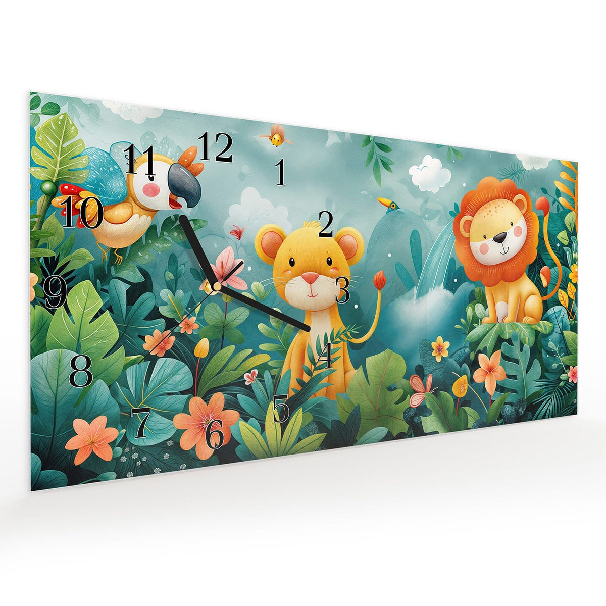 Vormontiert – mit Schwebeeffekt – Wanduhr Dschungeltiere aus Glas – Querformat 60 × 30 cm