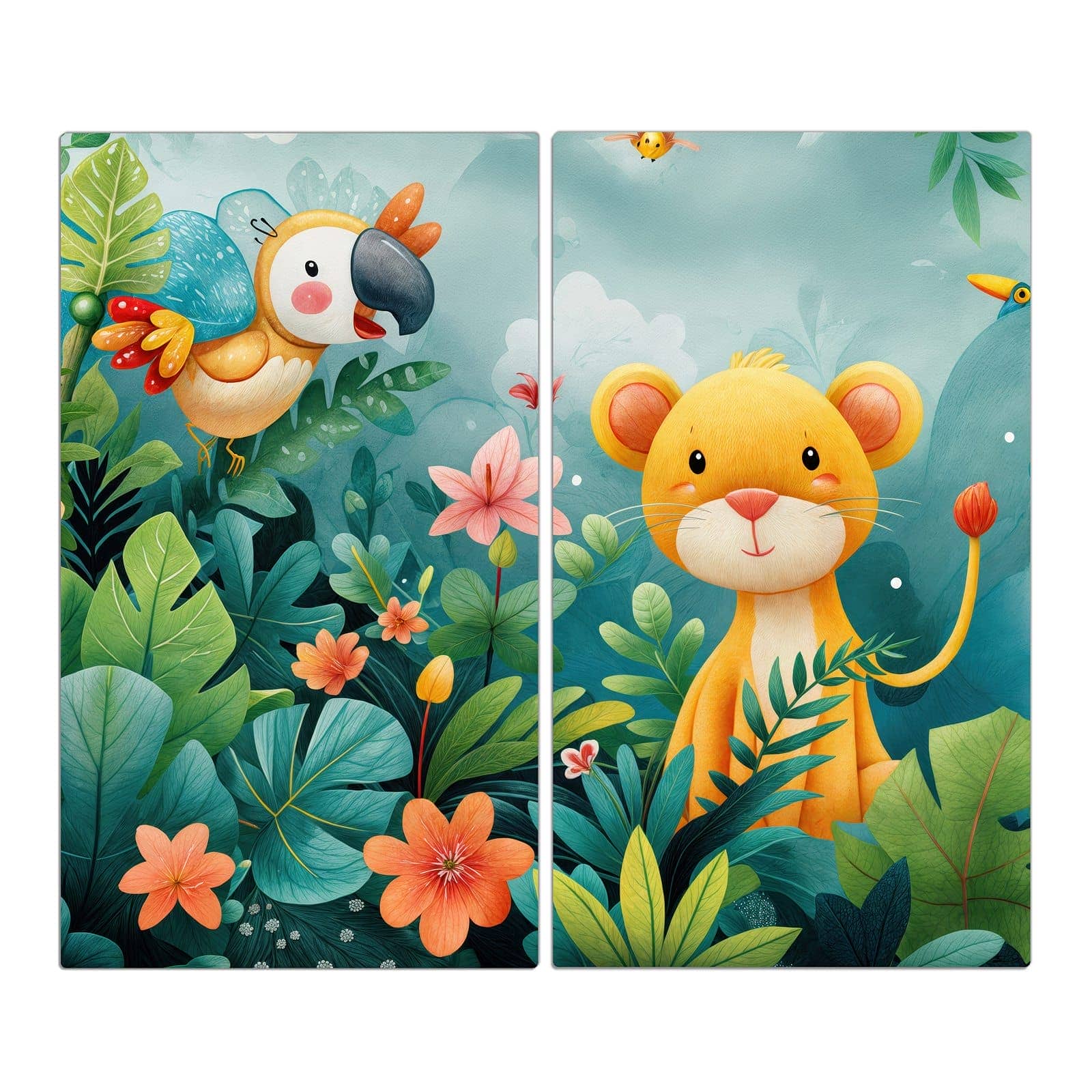 2-teilige Herdabdeckplatte aus Glas mit Dschungeltiere-Motiv in der Frontansicht #grösse_2-Teilig (60x52cm)