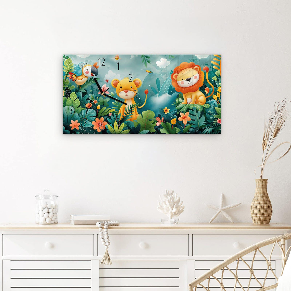 Wanduhr Dschungeltiere aus Glas – Querformat 60 × 30 cm – Löwe und Papagei im Dschungel