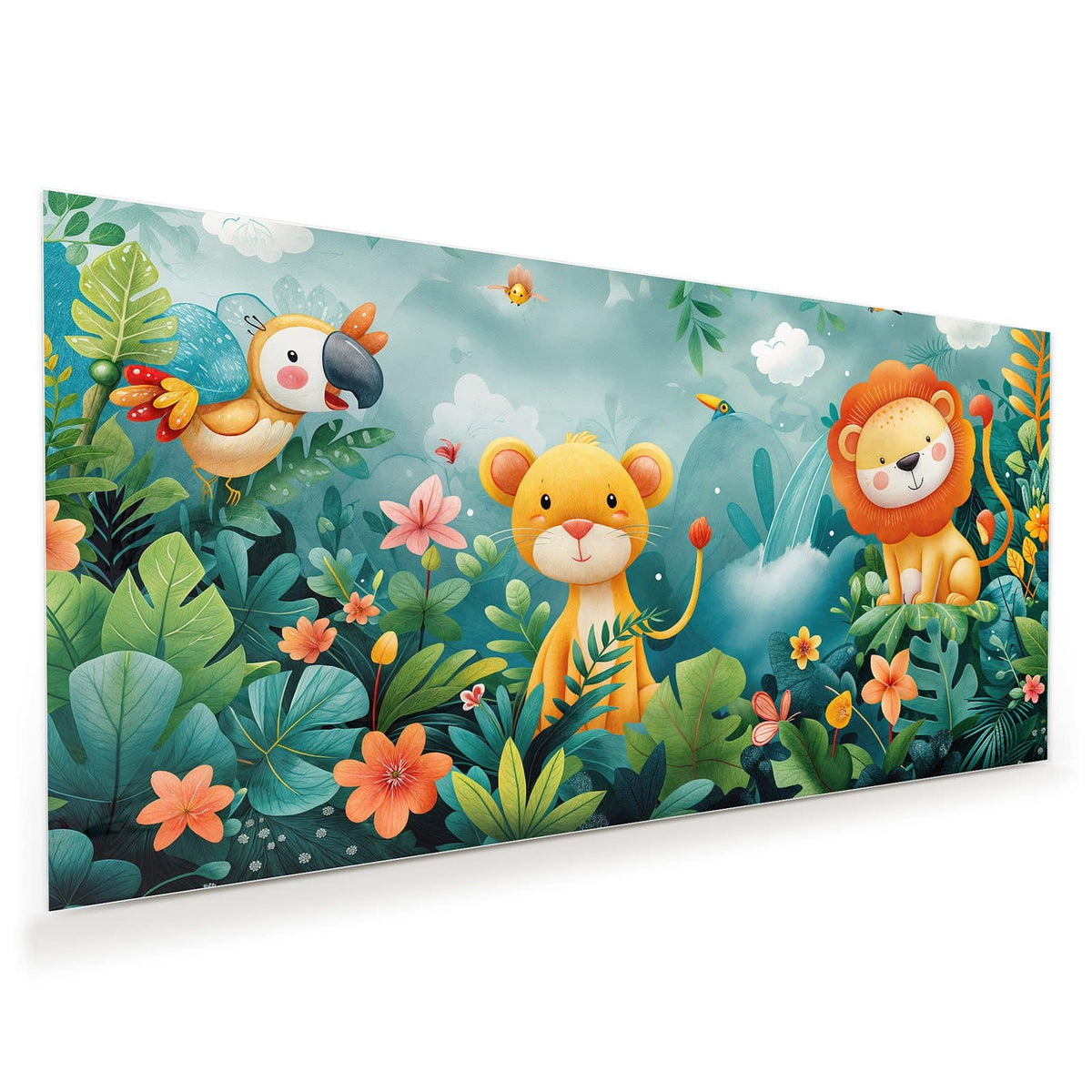 Kindliche Illustration: Löwenjunges und Papagei zwischen Blättern und Blüten im Dschungel