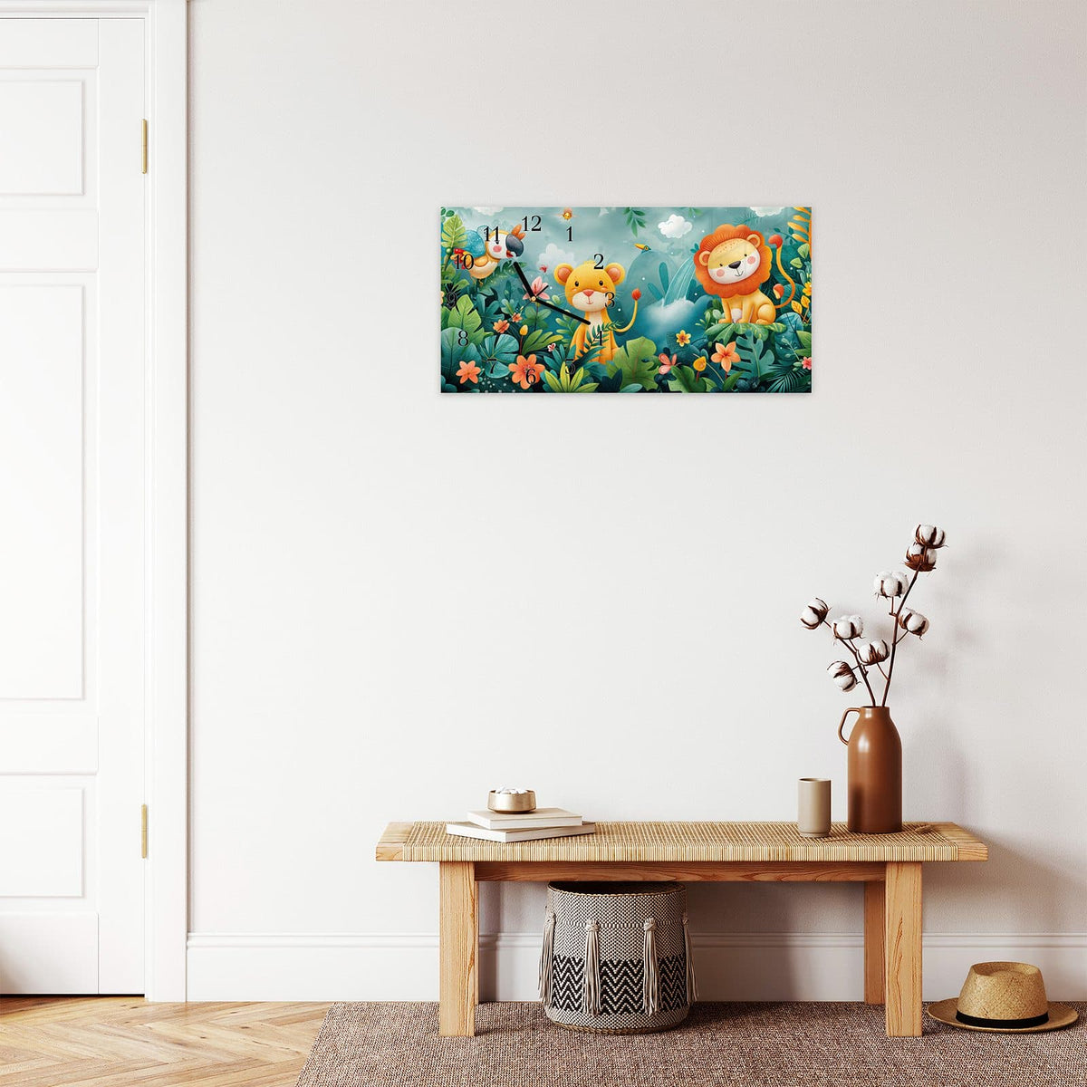 Moderne Wanduhr aus Glas mit Farbtiefe – Wanduhr Dschungeltiere aus Glas – Querformat 60 × 30 cm