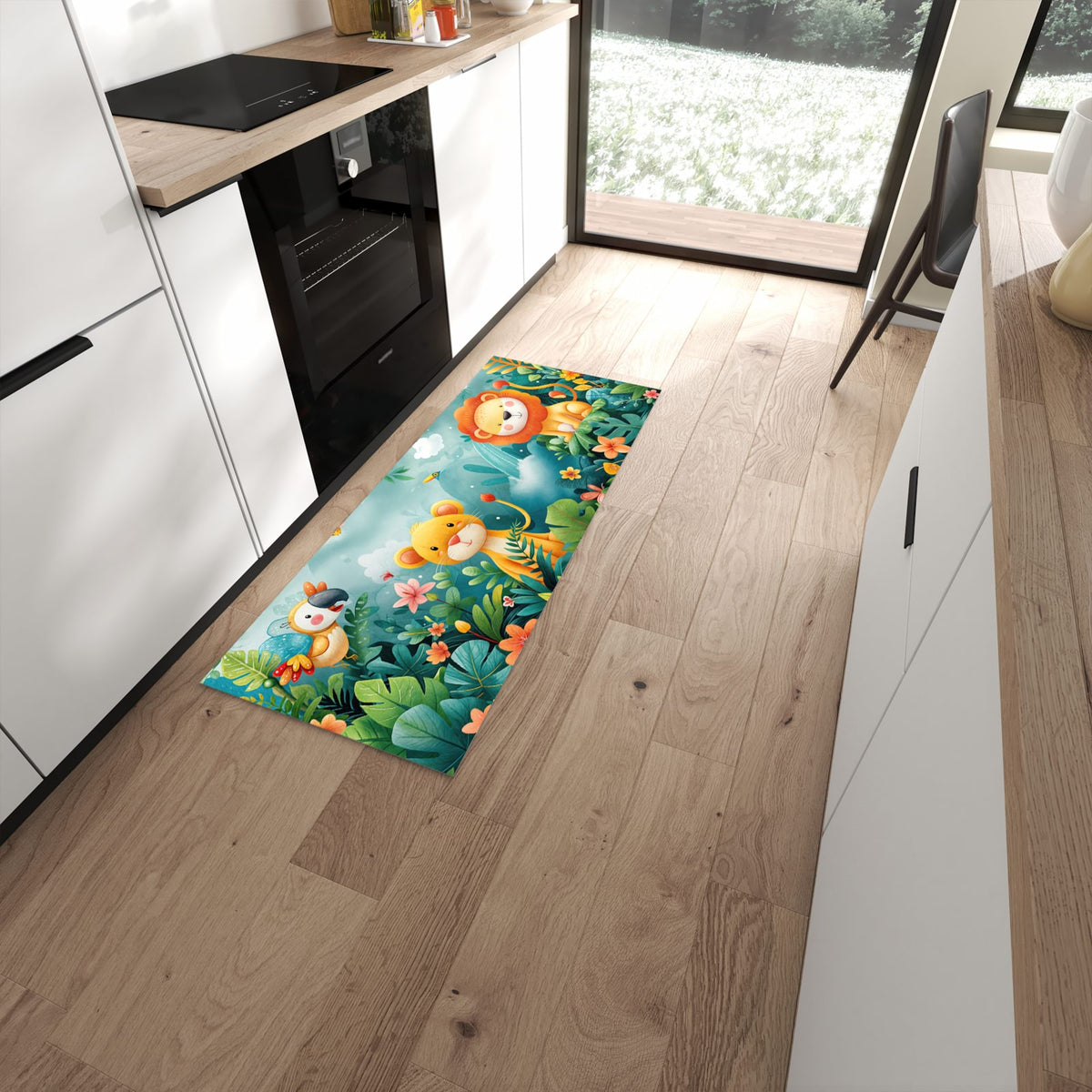 Feuchtigkeitsresistenter rutschfester Küchenläufer mit Motiv Dschungeltiere in moderner Küche #grösse_60 x 150 cm