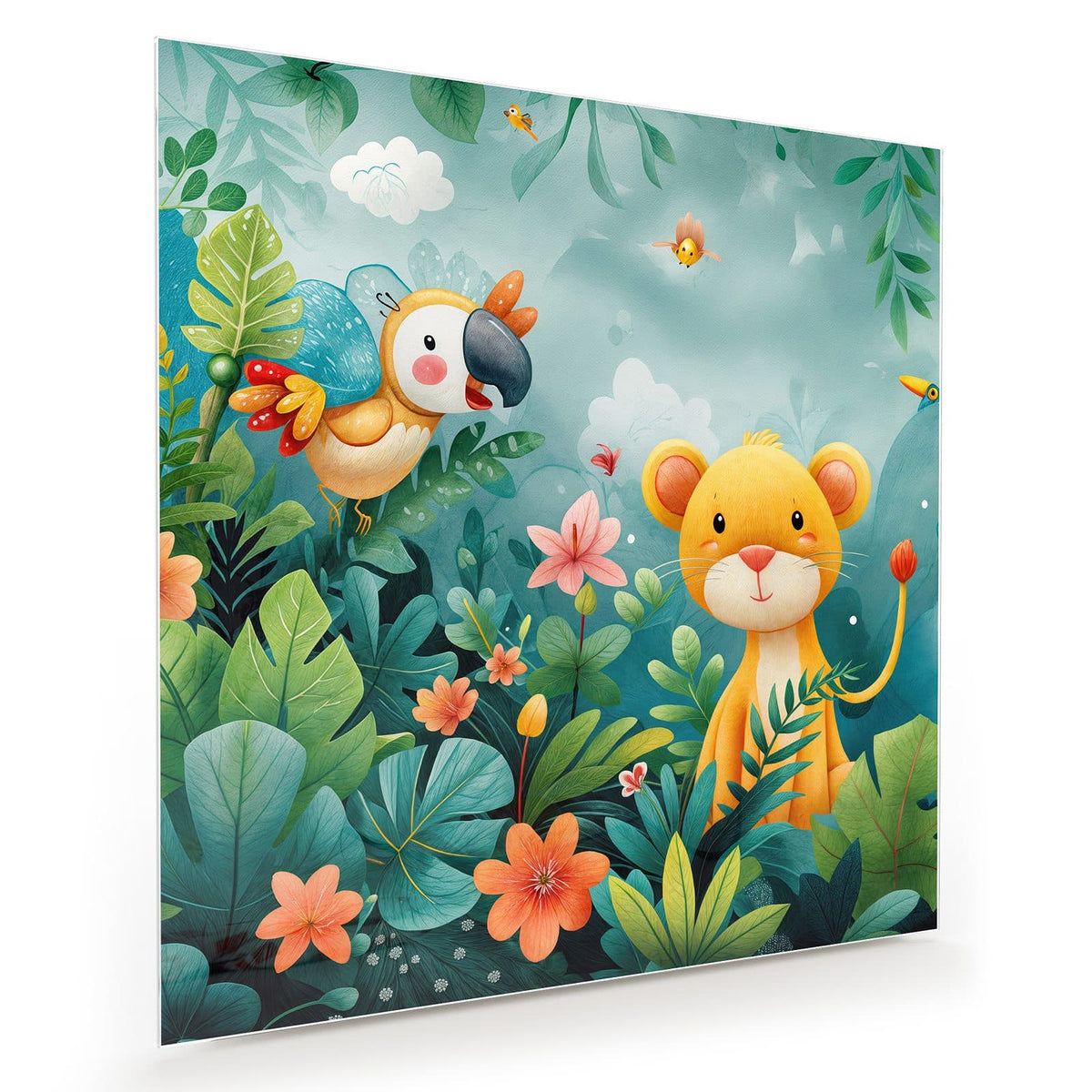 Kindliche Illustration: Löwenjunges und Papagei zwischen Blättern und Blüten im Dschungel