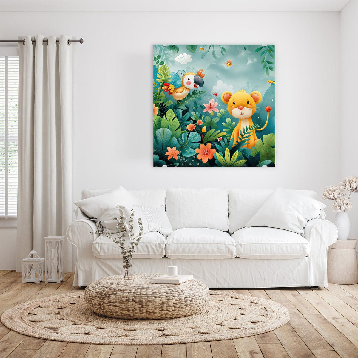 Kindliche Illustration: Löwenjunges und Papagei zwischen Blättern und Blüten im Dschungel