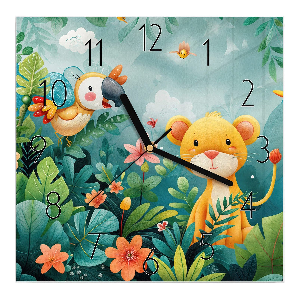 Wanduhr aus Glas, Ziffernblatt Elegant: Kindliche Illustration: Löwenjunges und Papagei zwischen Blättern und Blüten im Dschungel #ziffernblatt_Elegant