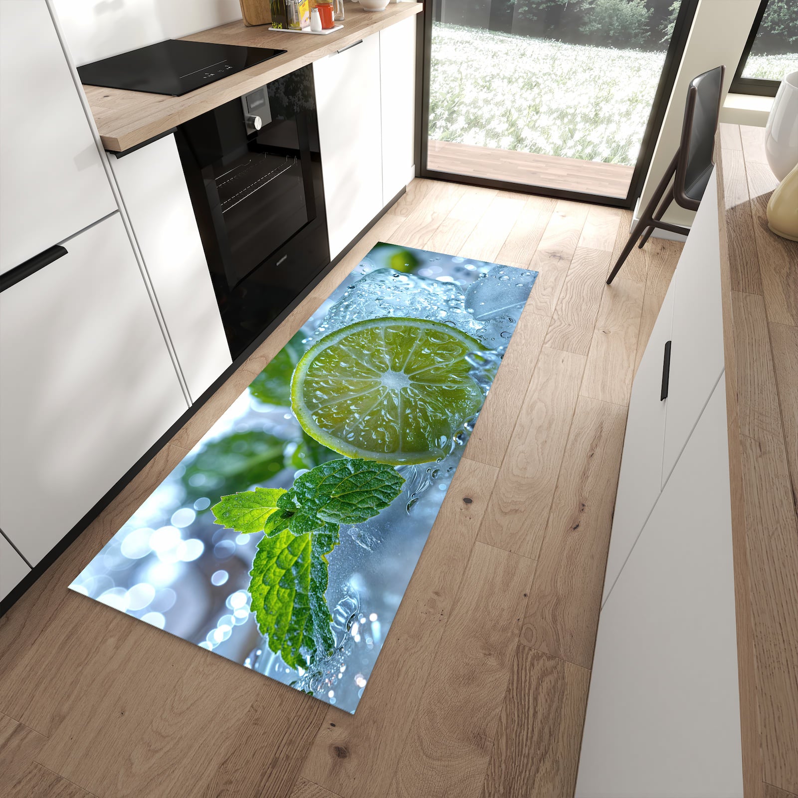 Pflegeleichter großer Küchenteppich mit Motiv Erfrischende Limette in moderner Küche
