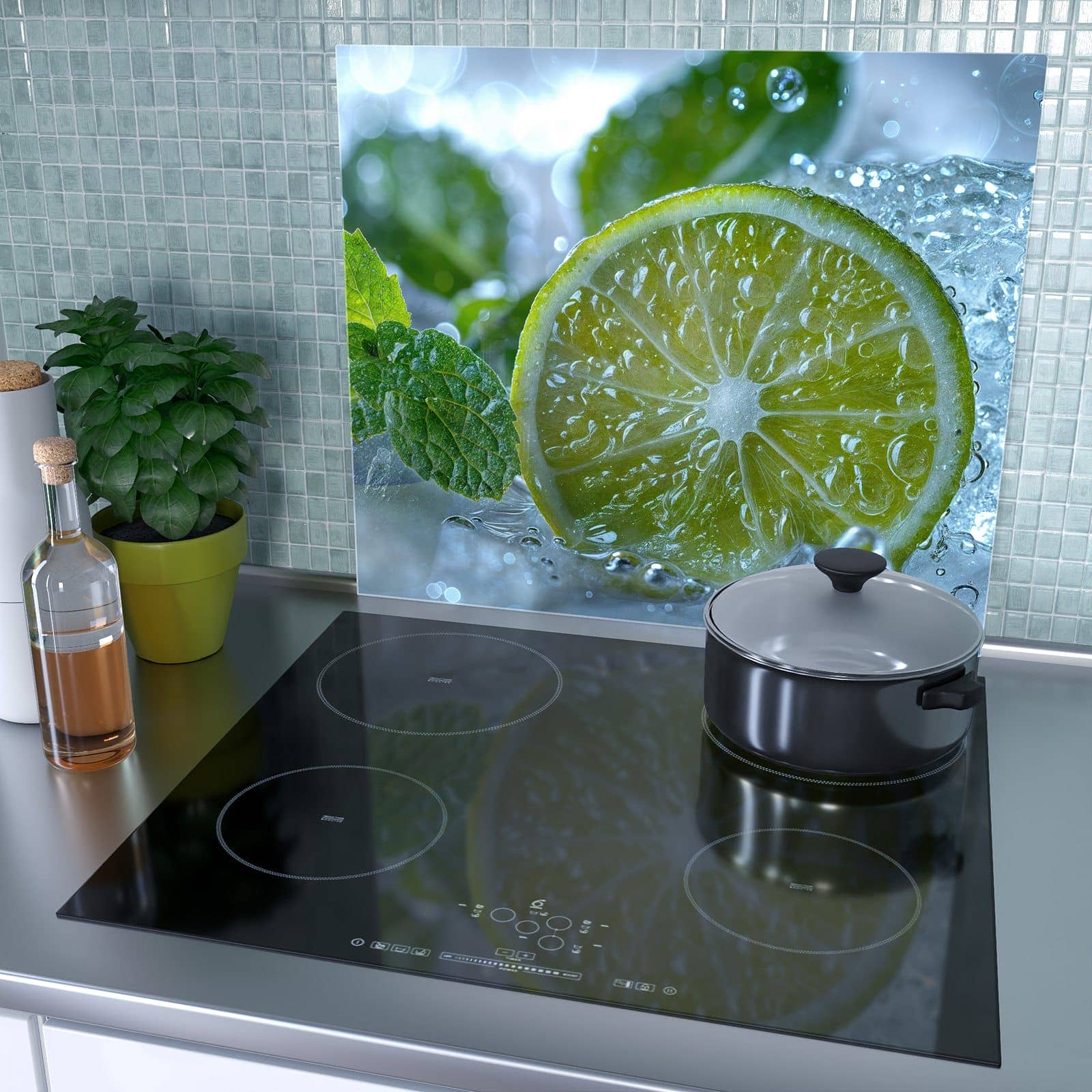 1-teilige Ceranfeld Abdeckplatten mit Erfrischende Limette-Motiv als Spritzschutz hinter dem Kochfeld