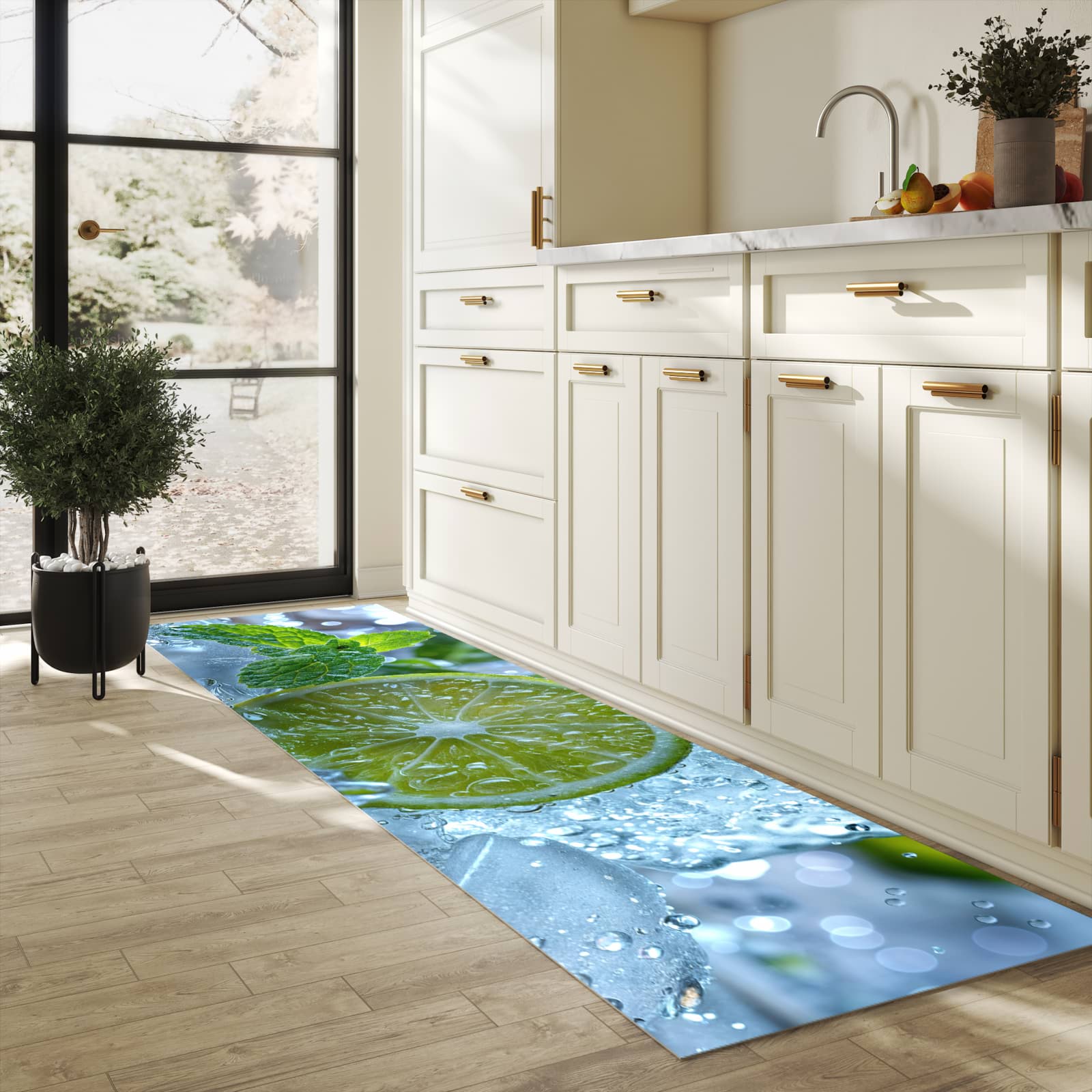 Rutschfester Küchenteppich mit Motiv Erfrischende Limette in heller Küche für sicheren Stand