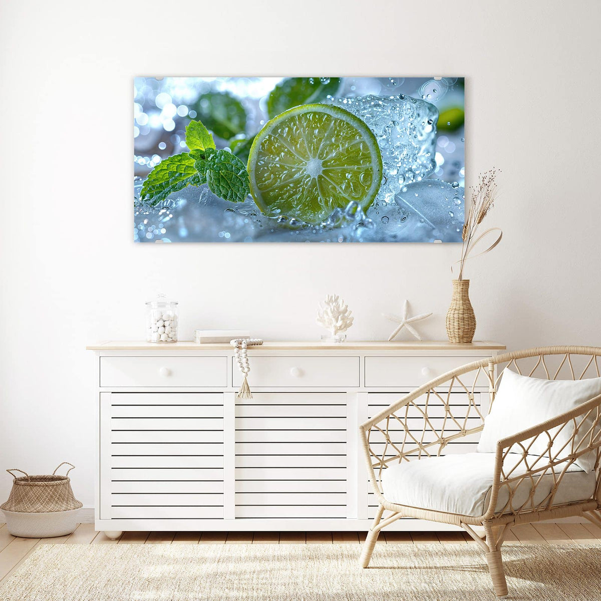 Echtglas, 4 mm – kein Acryl, keine Folie – Wandbild - Limettenscheibe im Eis - Querformat