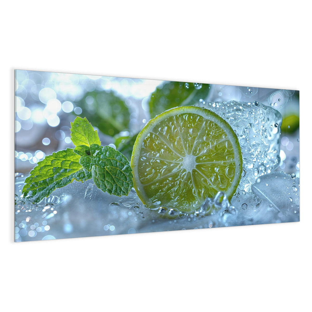 Runde Limettenscheibe in Großaufnahme zwischen Eis, Wasserblasen und Minzblättern