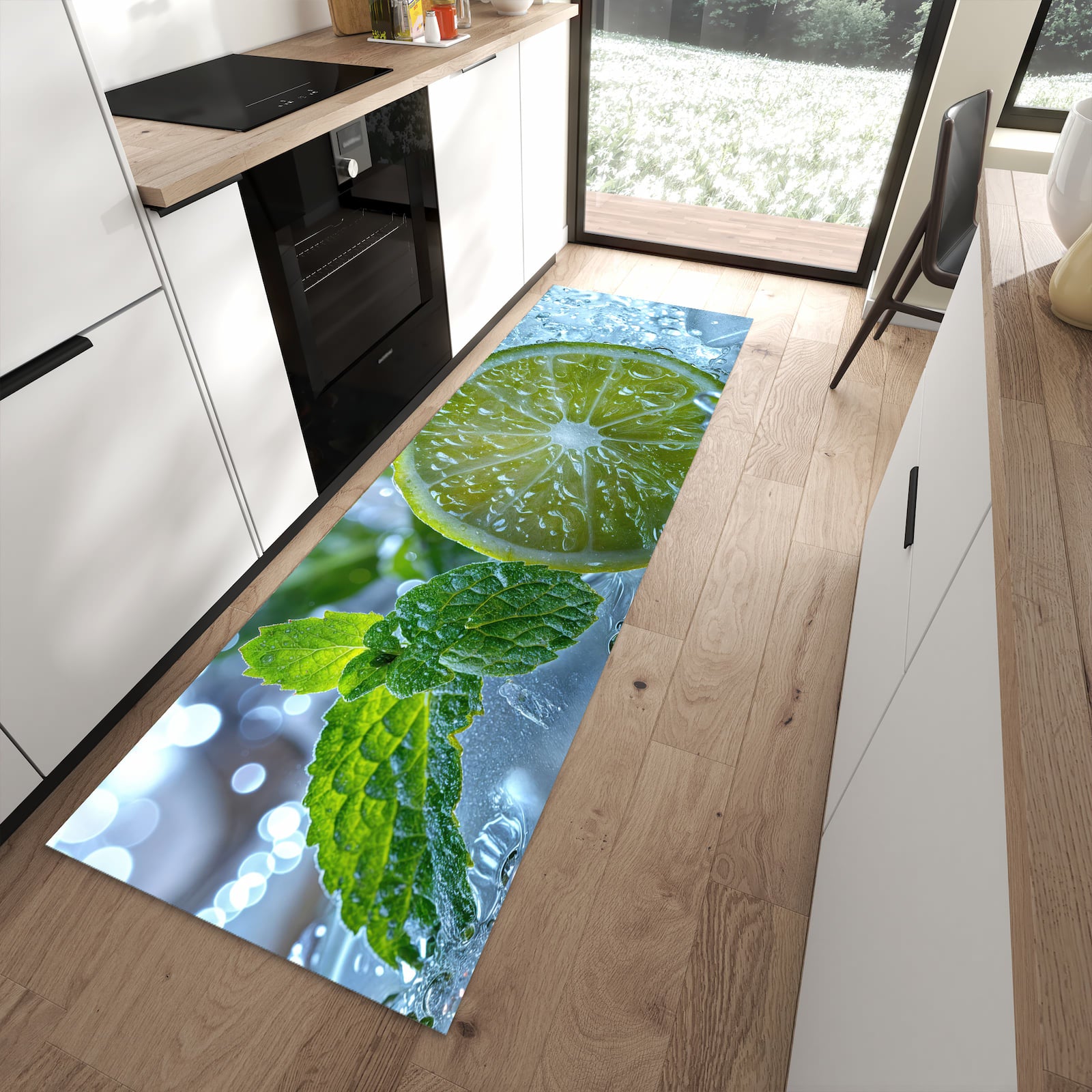 Rutschfester Küchenteppich mit Motiv Erfrischende Limette für angenehmes Stehen in moderner Küche