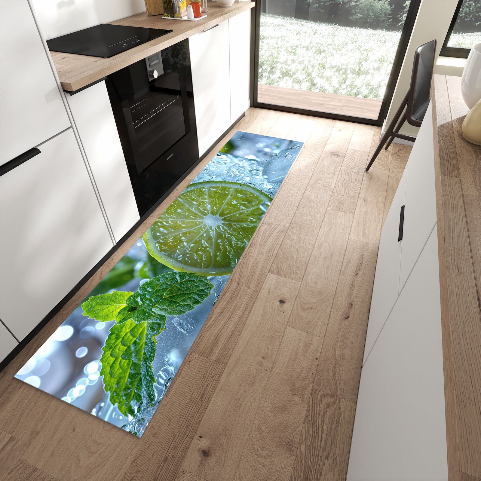 Flacher Küchenteppich mit Motiv Erfrischende Limette in moderner Küche für rutschfesten Stand