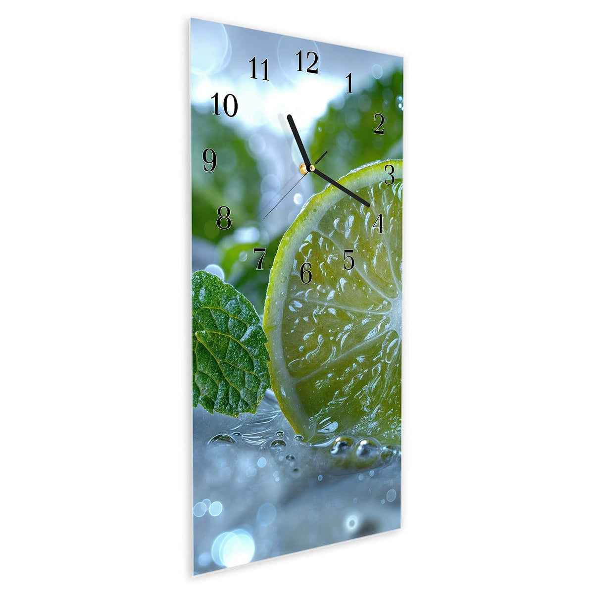 Vormontiert – mit Schwebeeffekt – Wanduhr Erfrischende Limette aus Glas – Hochformat 30 × 60 cm