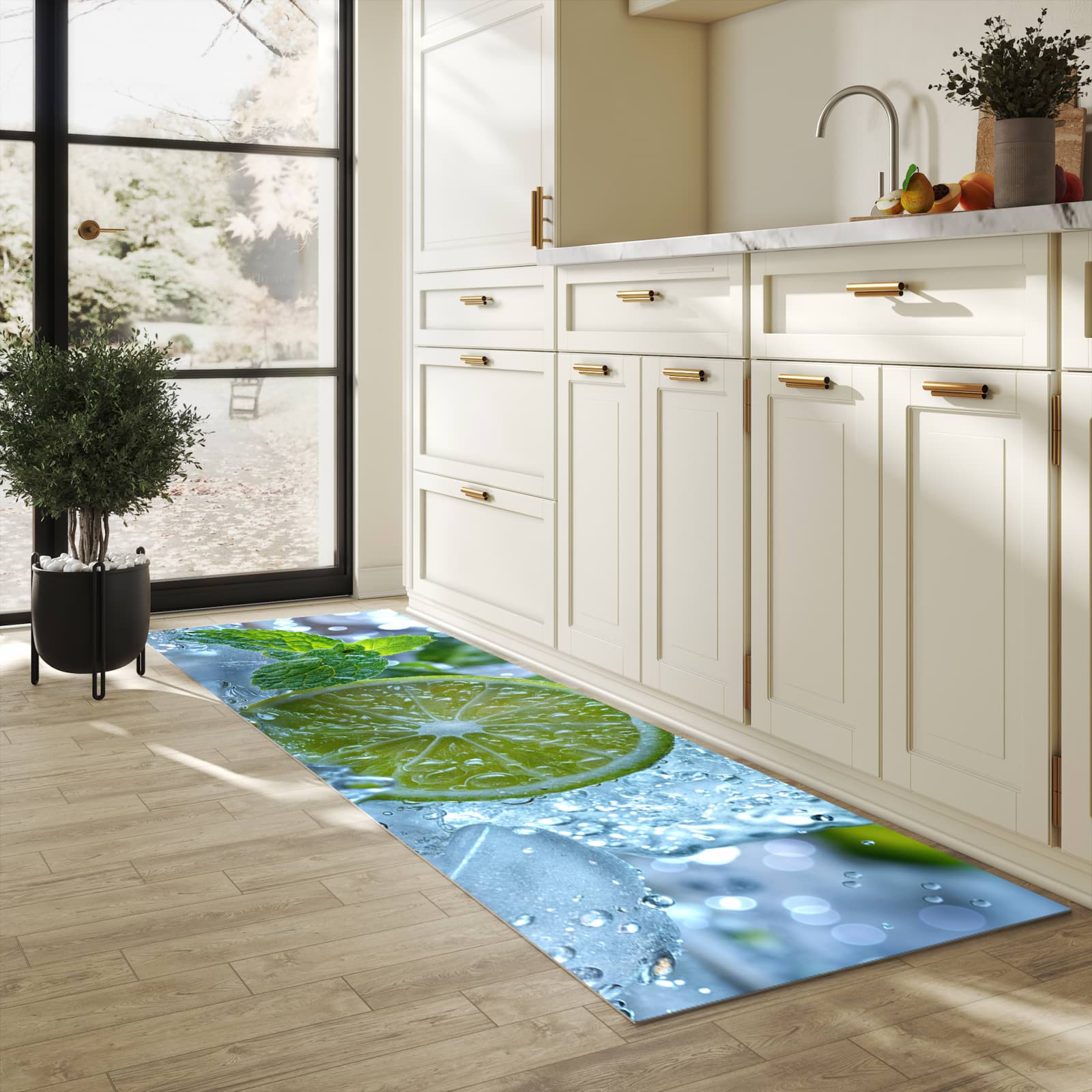 Formstabiler großer Küchenteppich mit Motiv Erfrischende Limette in heller Küche