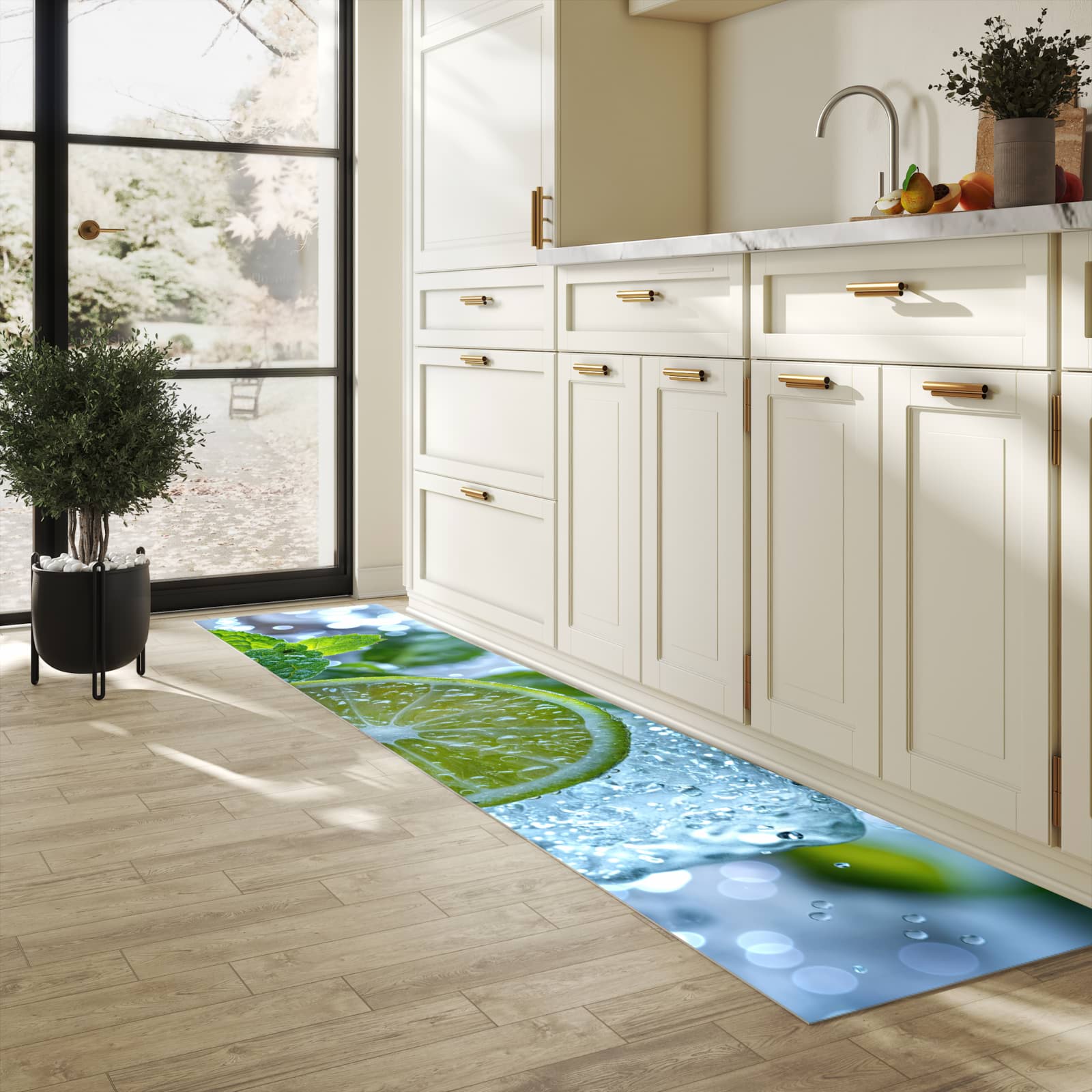 Rutschfester Küchenteppich mit Motiv Erfrischende Limette in heller Küche schützt den Boden