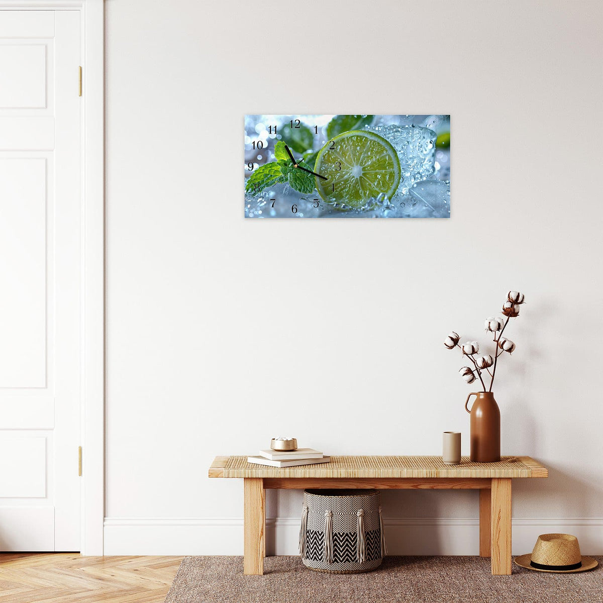 Moderne Wanduhr aus Glas mit Farbtiefe – Wanduhr Erfrischende Limette aus Glas – Querformat 60 × 30 cm