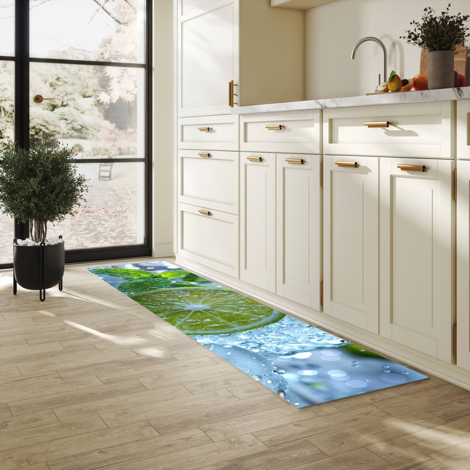 Feuchtigkeitsresistenter Küchenteppich mit Motiv Erfrischende Limette in heller Küche