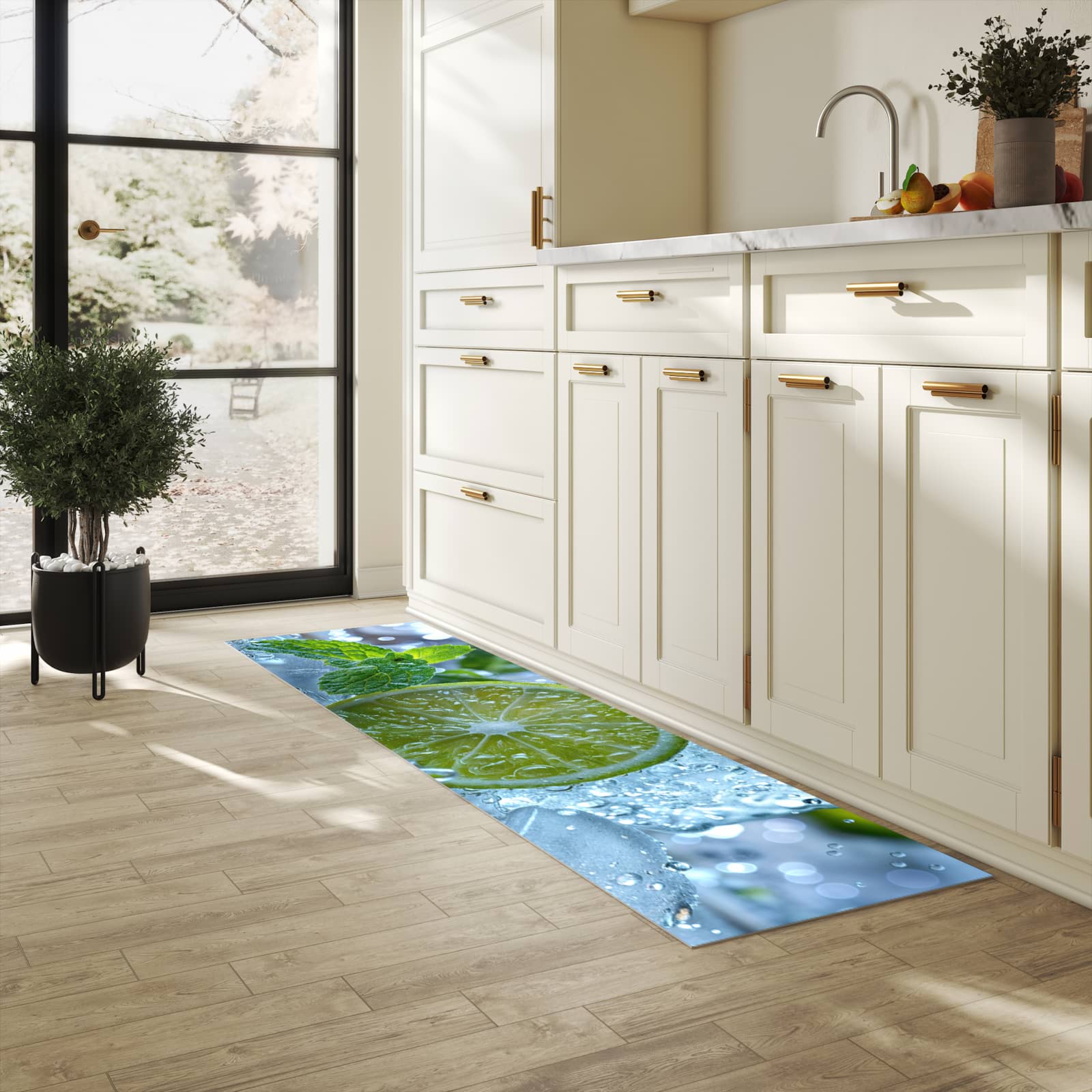 Rutschfester Küchenteppich mit Motiv Erfrischende Limette in heller Küche