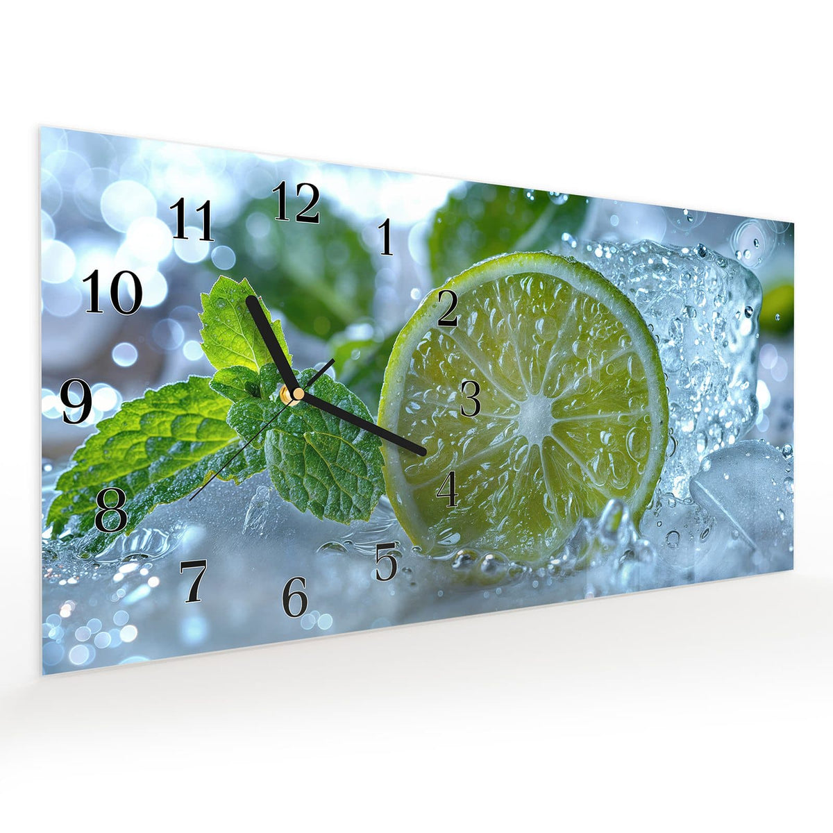 Vormontiert – mit Schwebeeffekt – Wanduhr Erfrischende Limette aus Glas – Querformat 60 × 30 cm