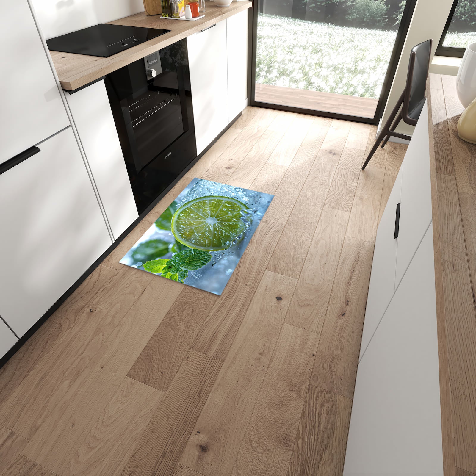 Rutschfester waschbarer Küchenteppich mit Motiv Erfrischende Limette in moderner Küche