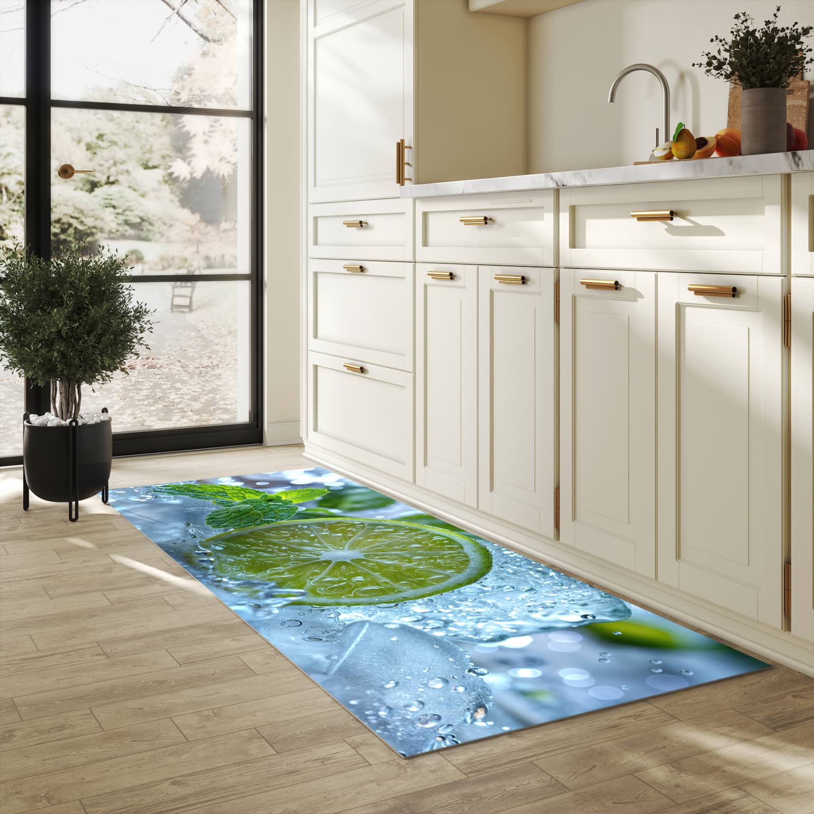 Geräuschdämpfender Küchenläufer mit Motiv Erfrischende Limette in heller Küche