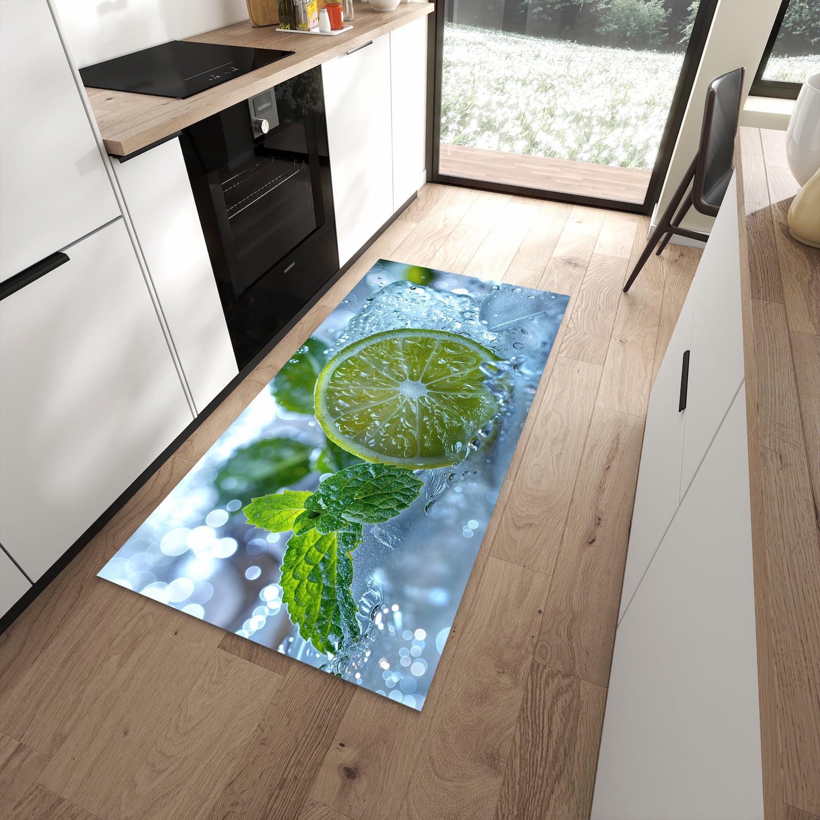 Waschbarer Küchenläufer mit Motiv Erfrischende Limette in moderner Küche