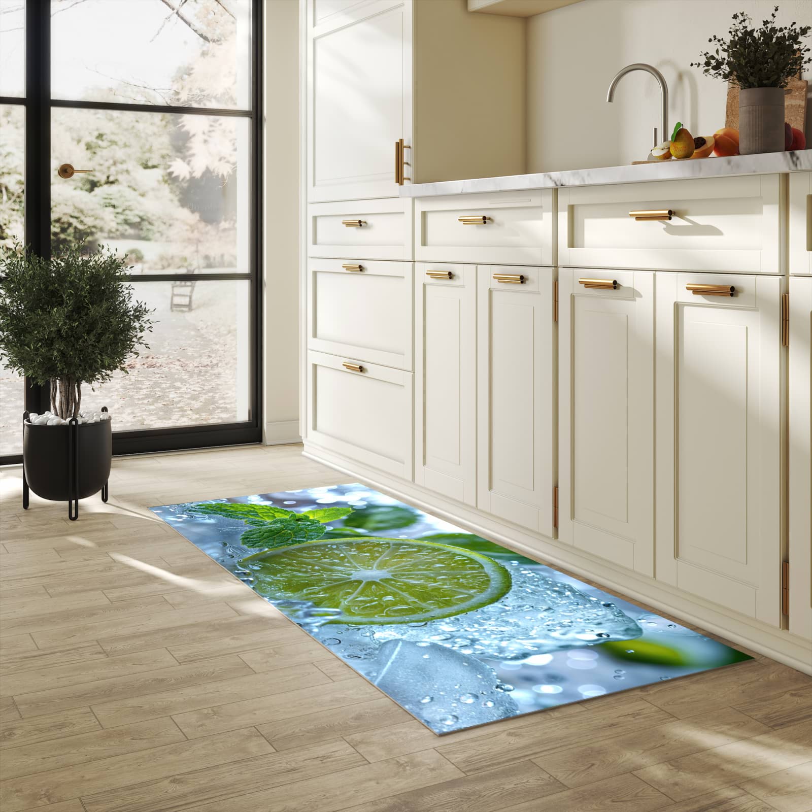 Bodenschonender waschbarer Küchenteppich mit Motiv Erfrischende Limette in heller Küche