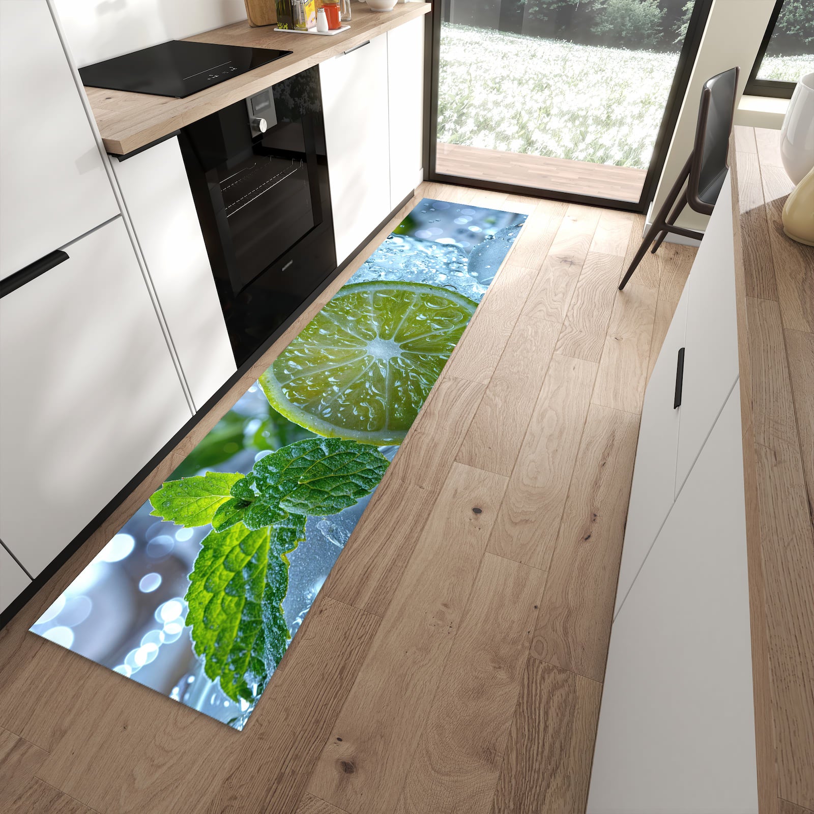 Pflegeleichter Küchenteppich mit Motiv Erfrischende Limette in moderner Küche