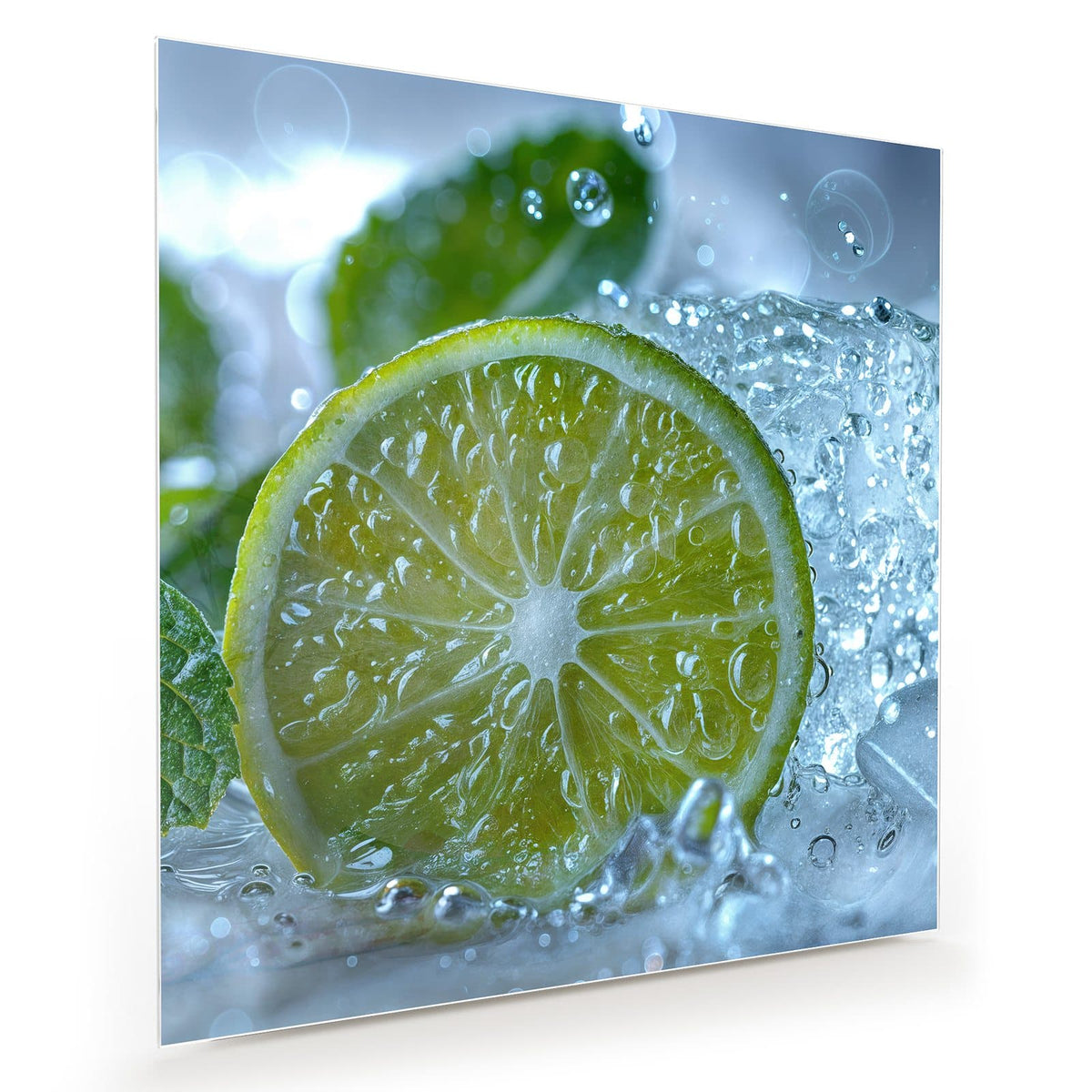 Runde Limettenscheibe in Großaufnahme zwischen Eis, Wasserblasen und Minzblättern
