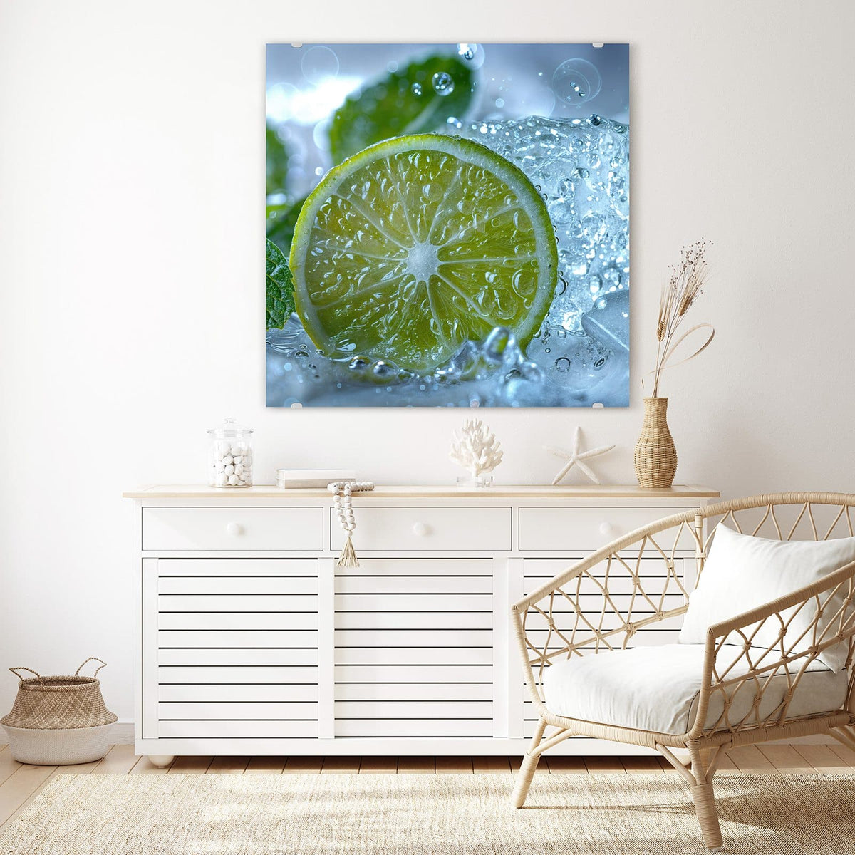 Echtglas, 4 mm – kein Acryl, keine Folie – Wandbild - Limettenscheibe im Eis - Quadratisch