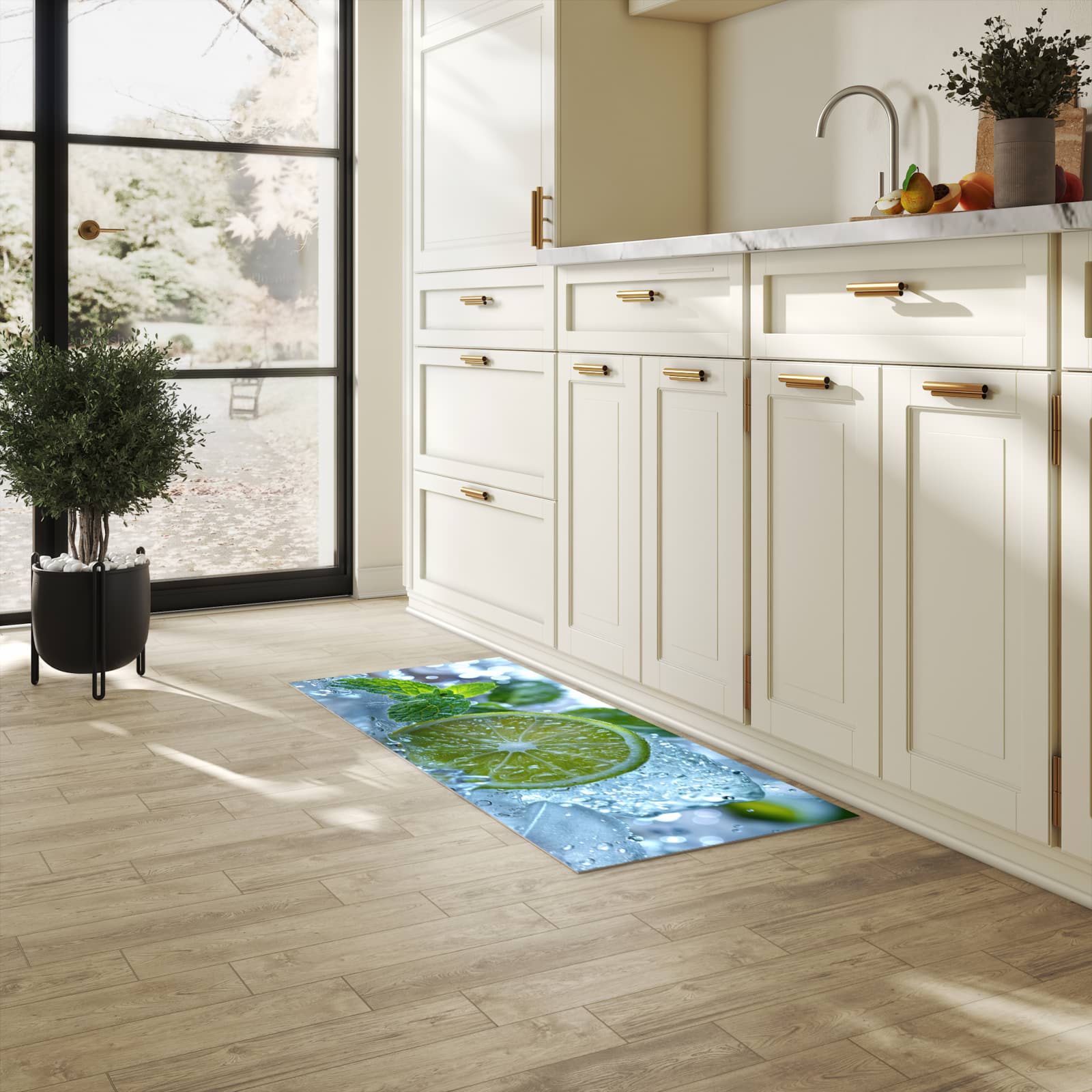 Waschbarer Bodenläufer Teppich mit Motiv Erfrischende Limette in heller Küche