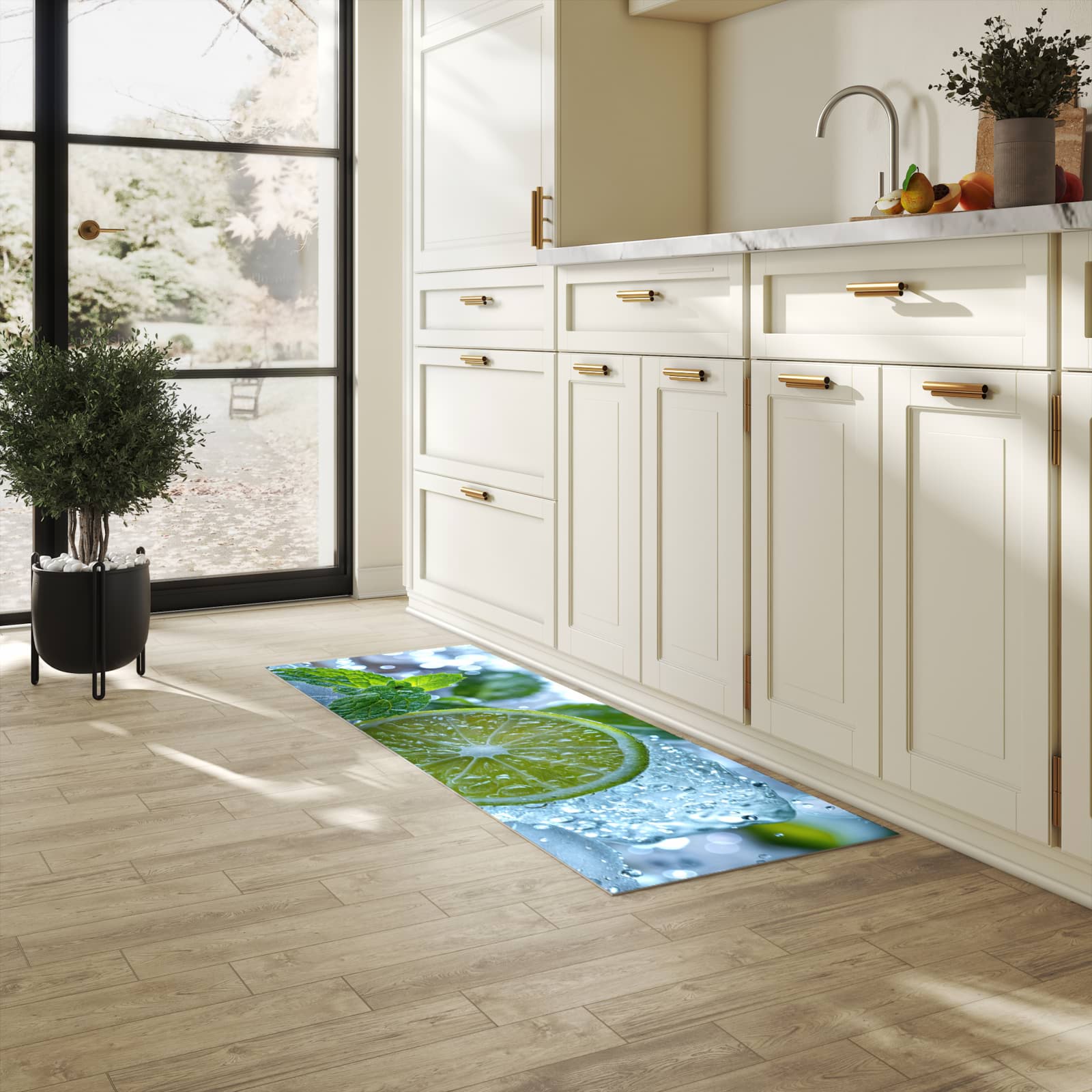 Langlebiger Küchenteppich mit Motiv Erfrischende Limette in heller Küche