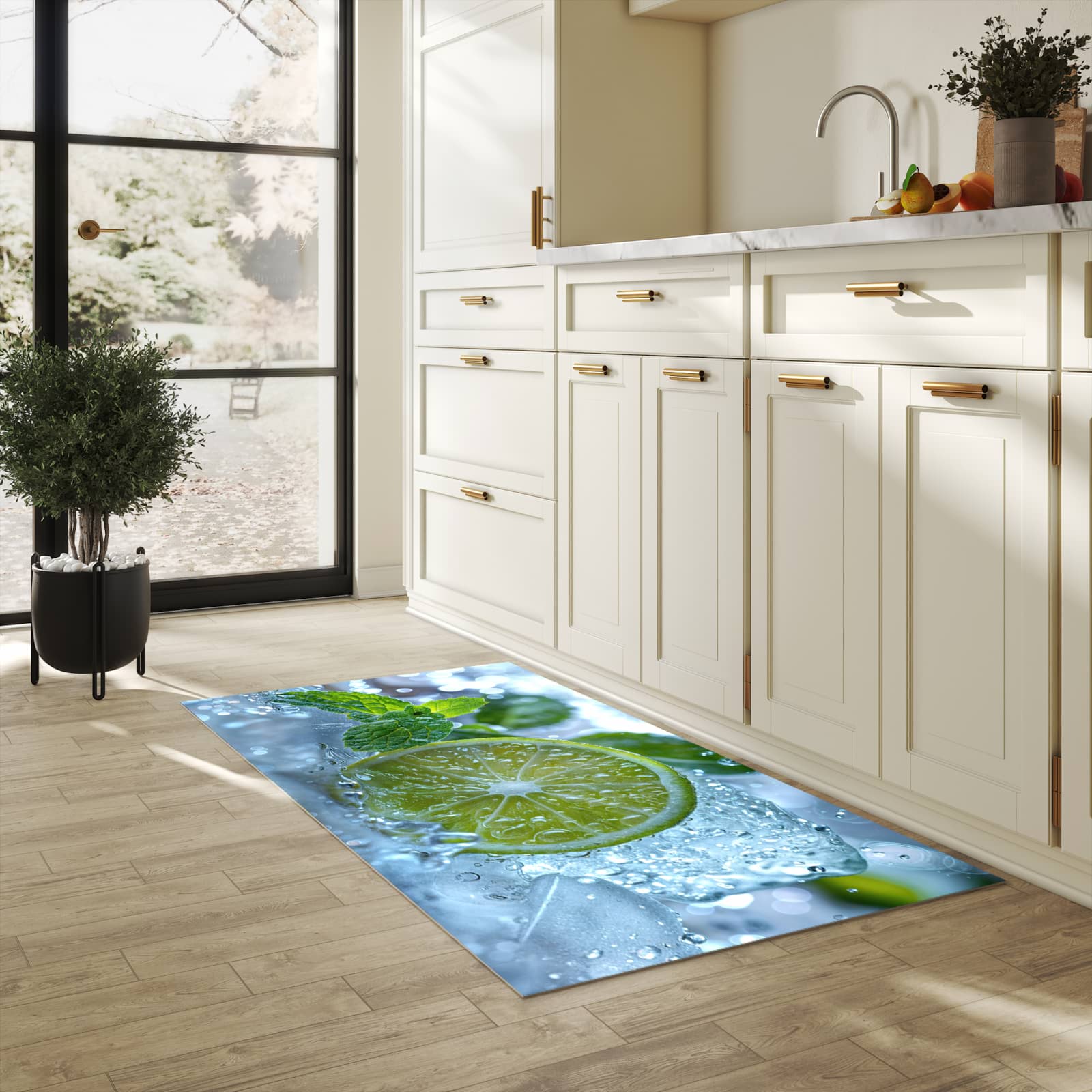 Zeitsparender waschbarer Küchenteppich mit Motiv Erfrischende Limette in heller Küche