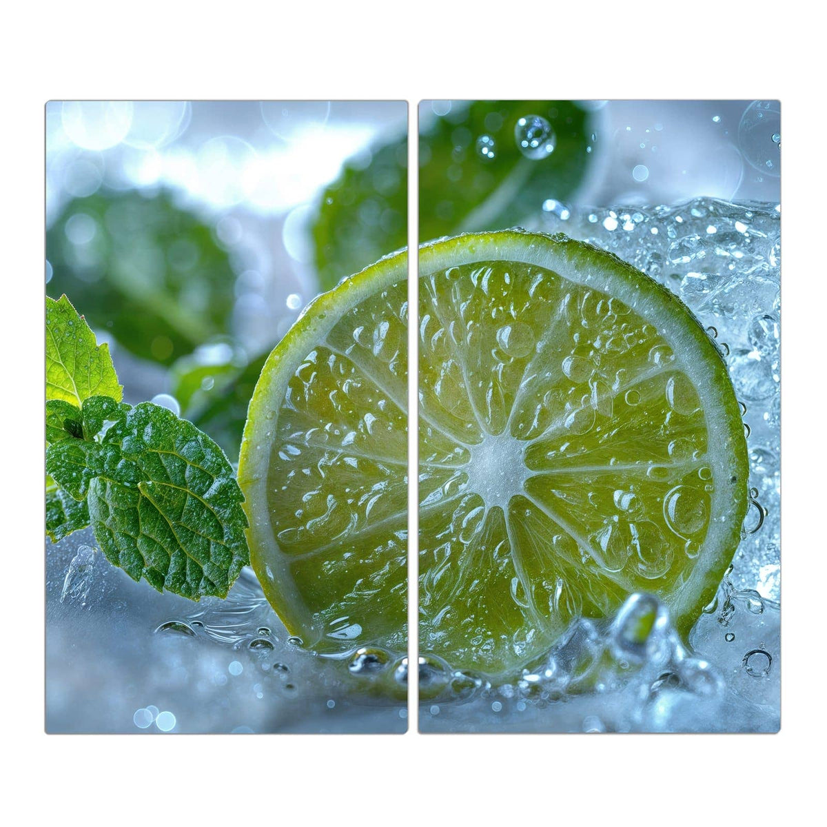 Runde Limettenscheibe in Großaufnahme zwischen Eis, Wasserblasen und Minzblättern