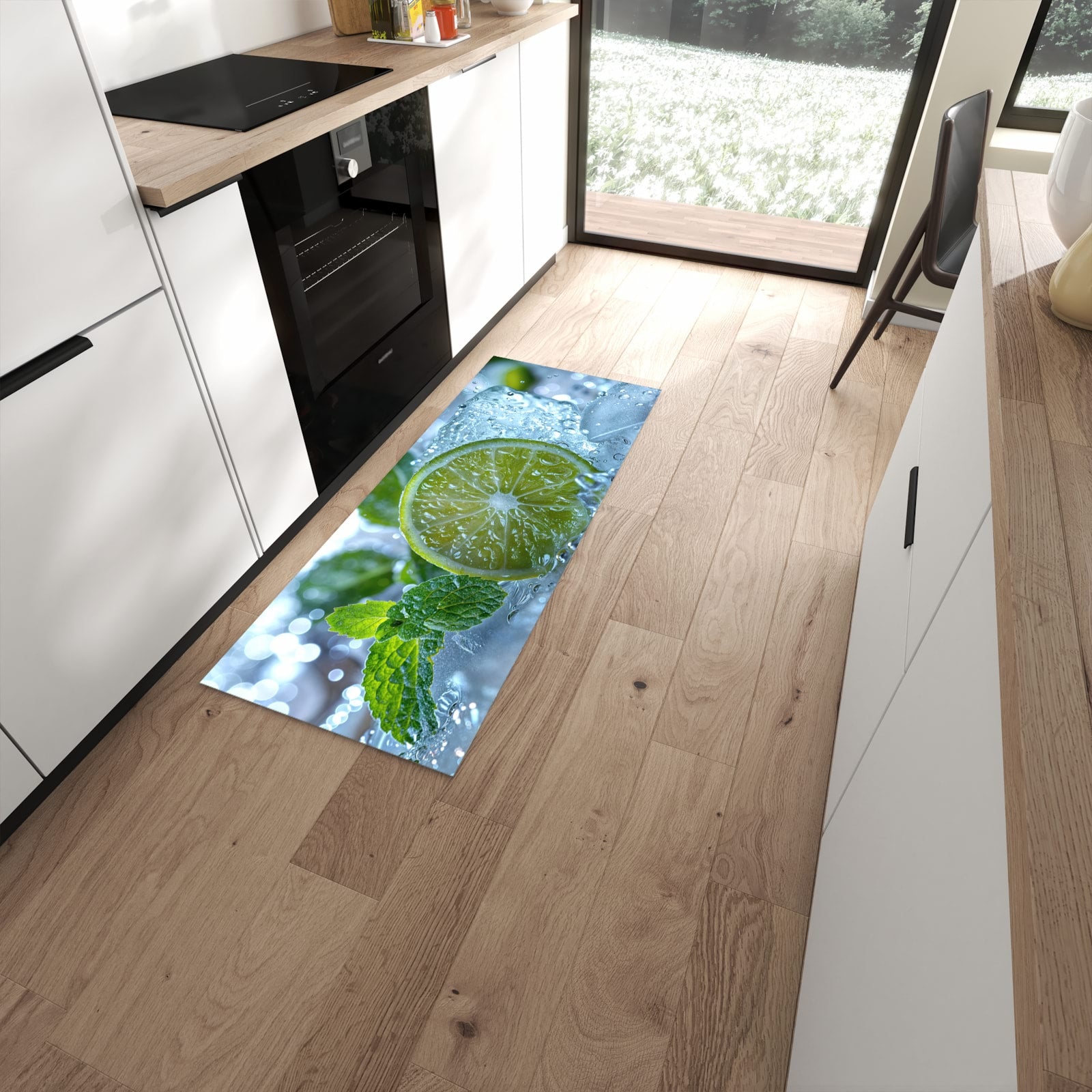 Geruchsneutraler waschbarer Küchenteppich mit Motiv Erfrischende Limette in moderner Küche #grösse_60 x 150 cm