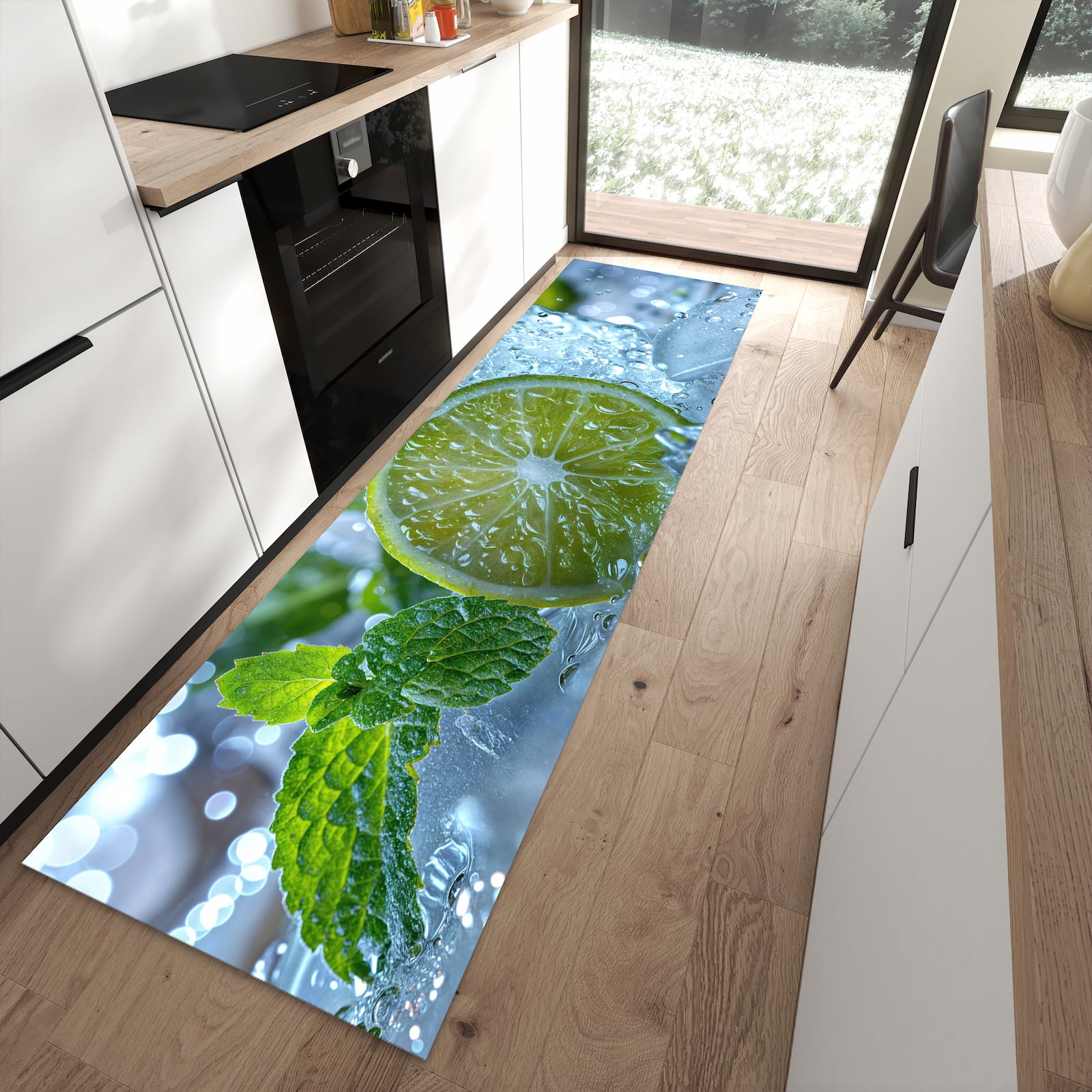 Hygienischer Küchenteppich mit Motiv Erfrischende Limette in moderner Küche - waschbar