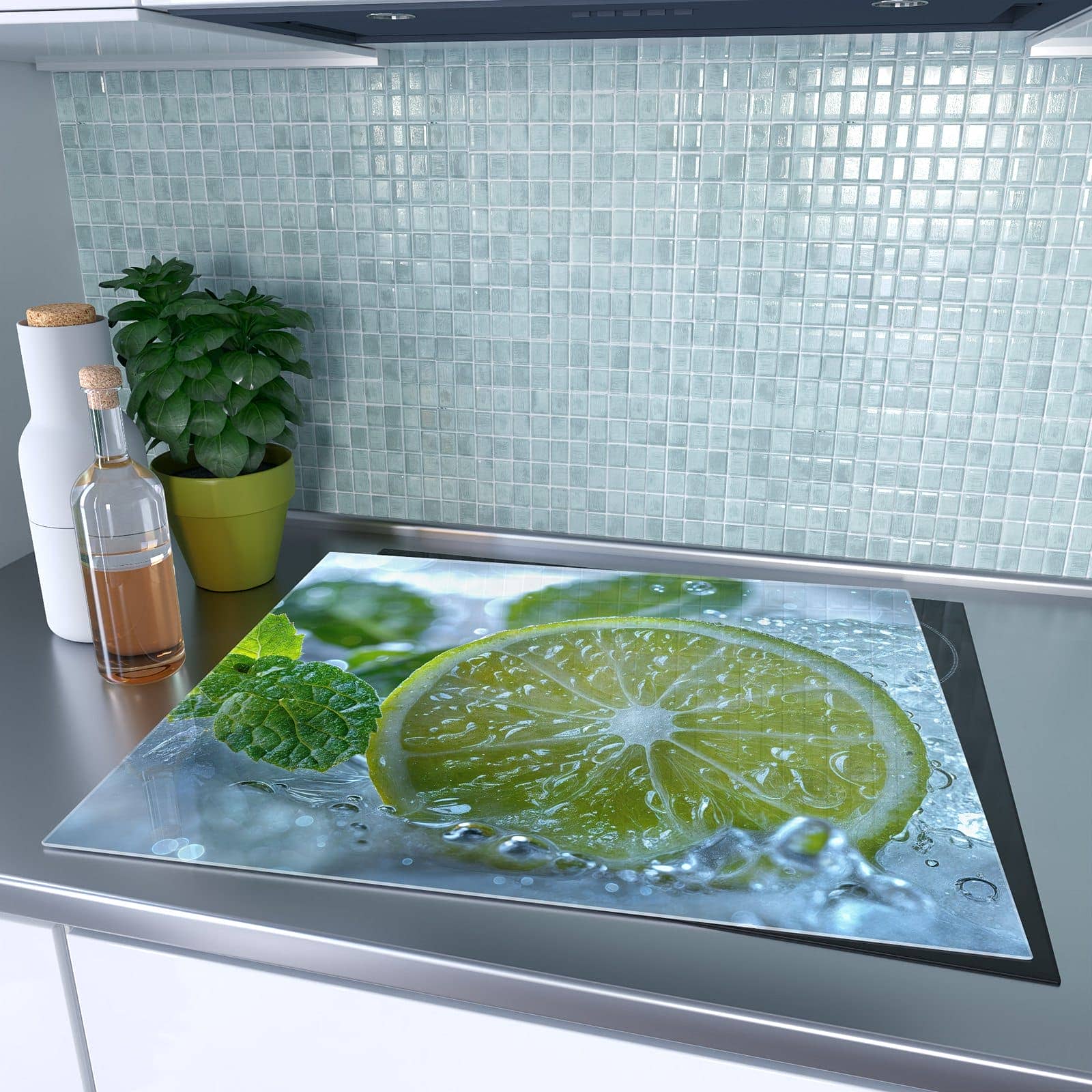 1-teilige Herdabdeckplatte aus Glas mit Erfrischende Limette-Motiv auf dem Ceranfeld