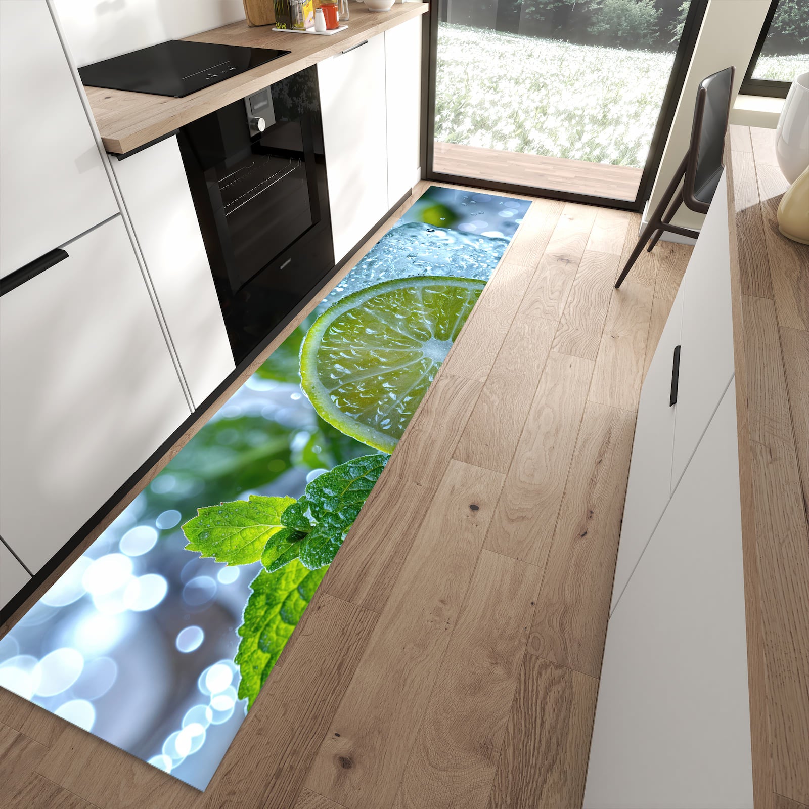 Komfortabler waschbarer Küchenteppich mit Motiv Erfrischende Limette in moderner Küche