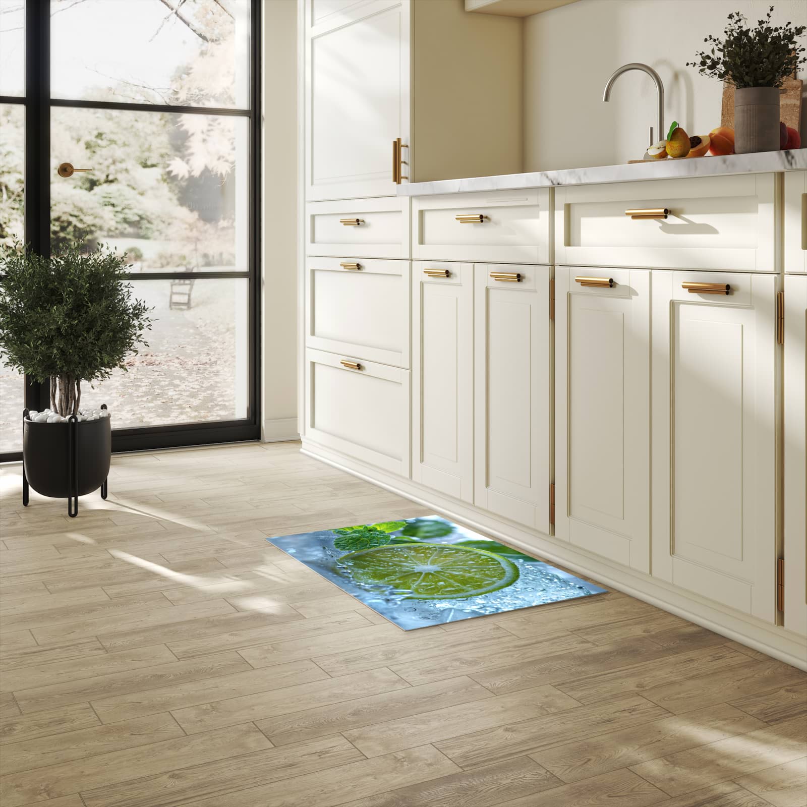 Küchenteppich mit Motiv Erfrischende Limette für Ordnung in heller Küche