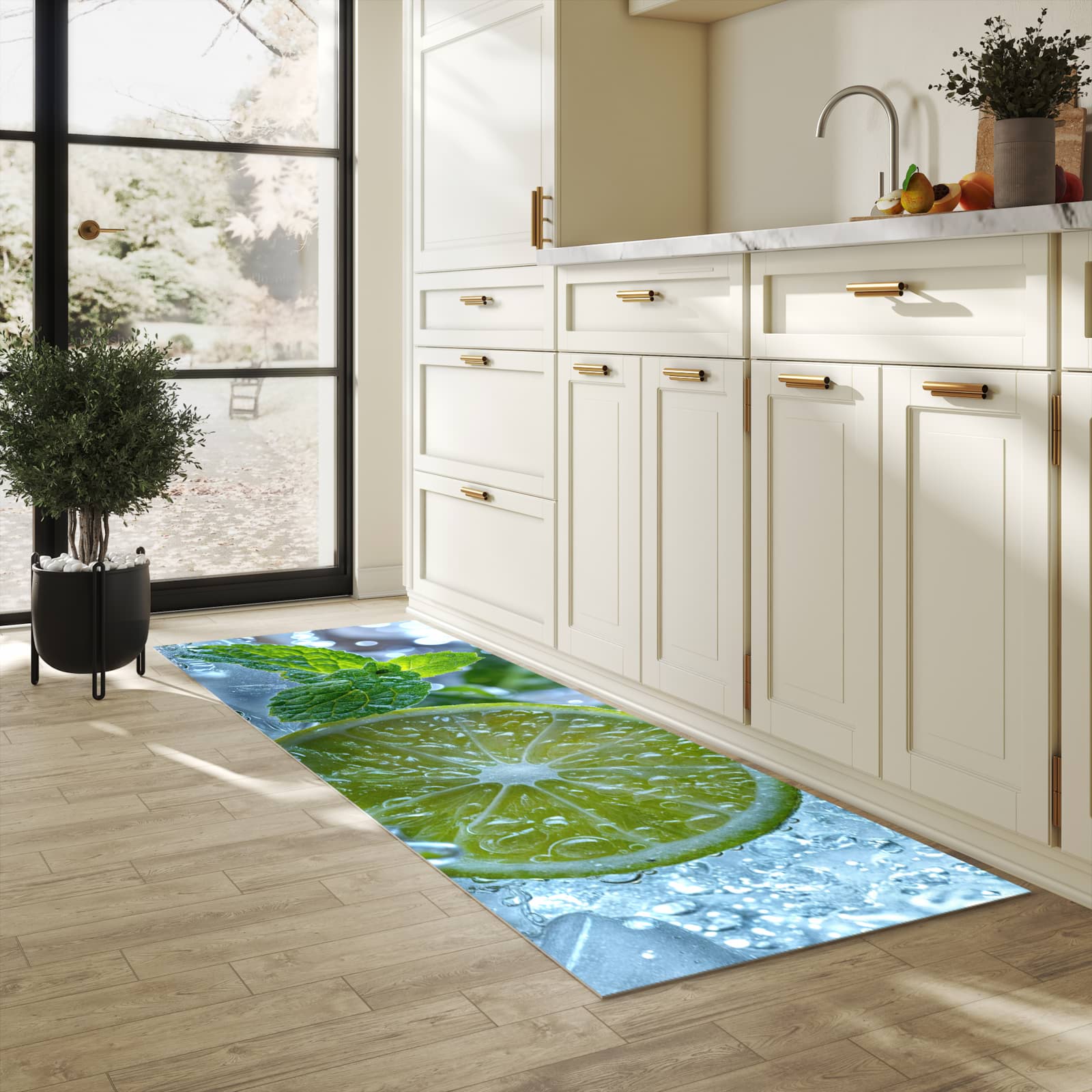 Farbbeständiger waschbarer Küchenteppich mit Motiv Erfrischende Limette in heller Küche