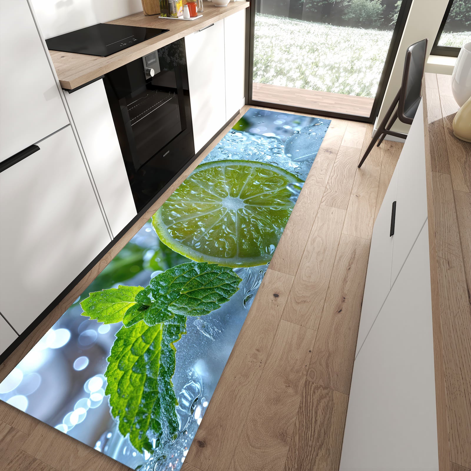 Strapazierfähiger Küchenläufer mit Motiv Erfrischende Limette in moderner Küche